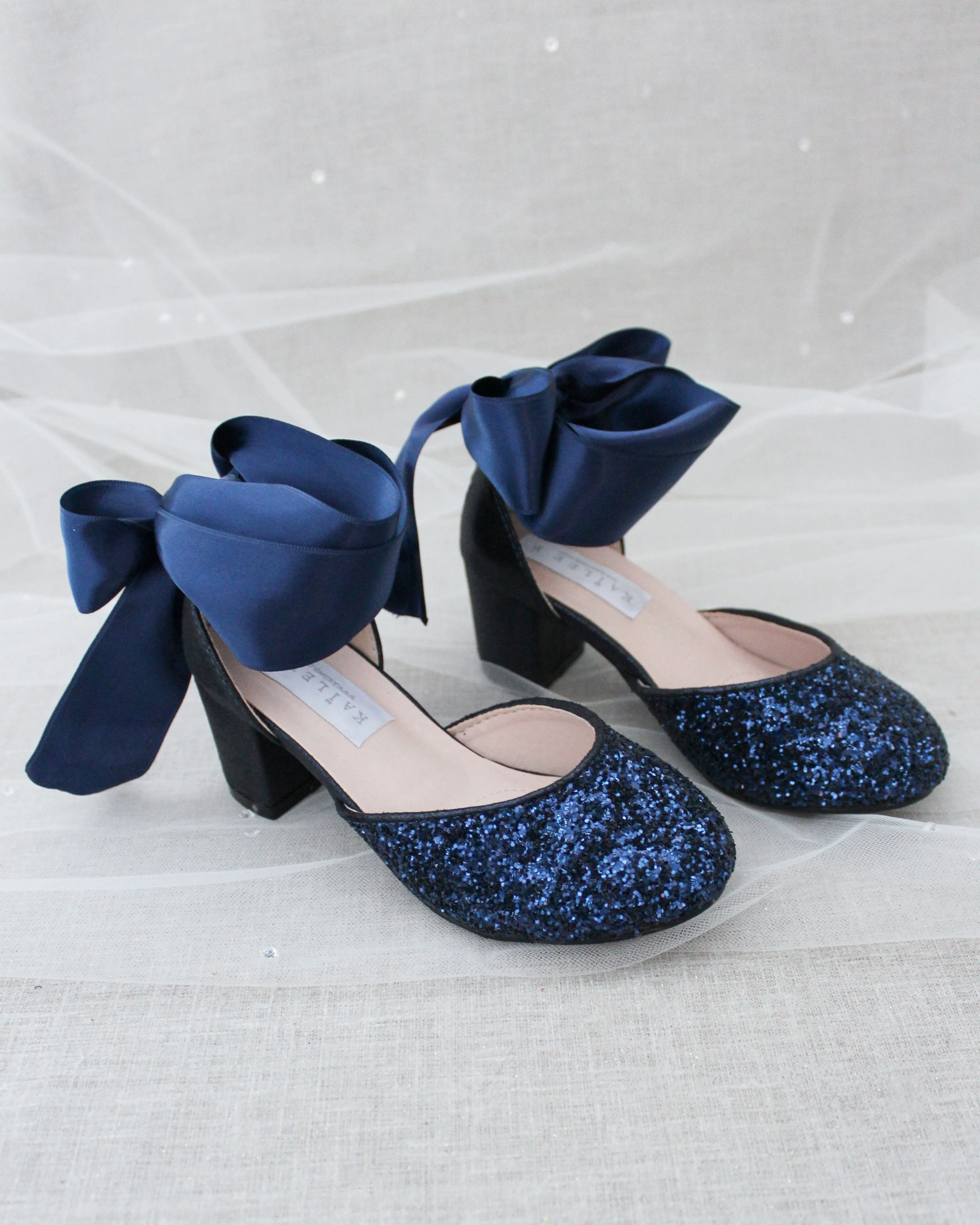 Rock Glitter Block Heel For Girls with Wrapped Satin Tie