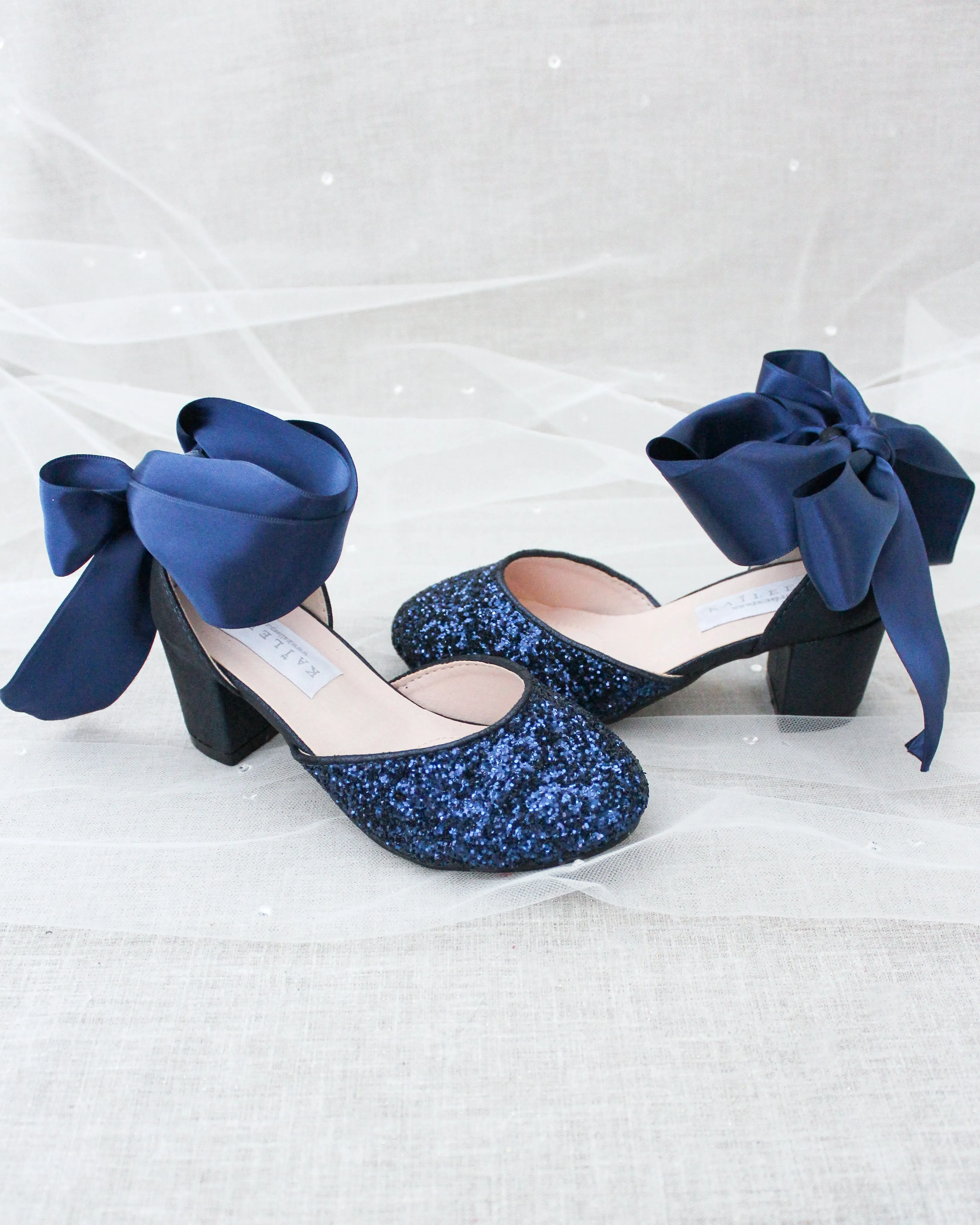 Rock Glitter Block Heel For Girls with Wrapped Satin Tie