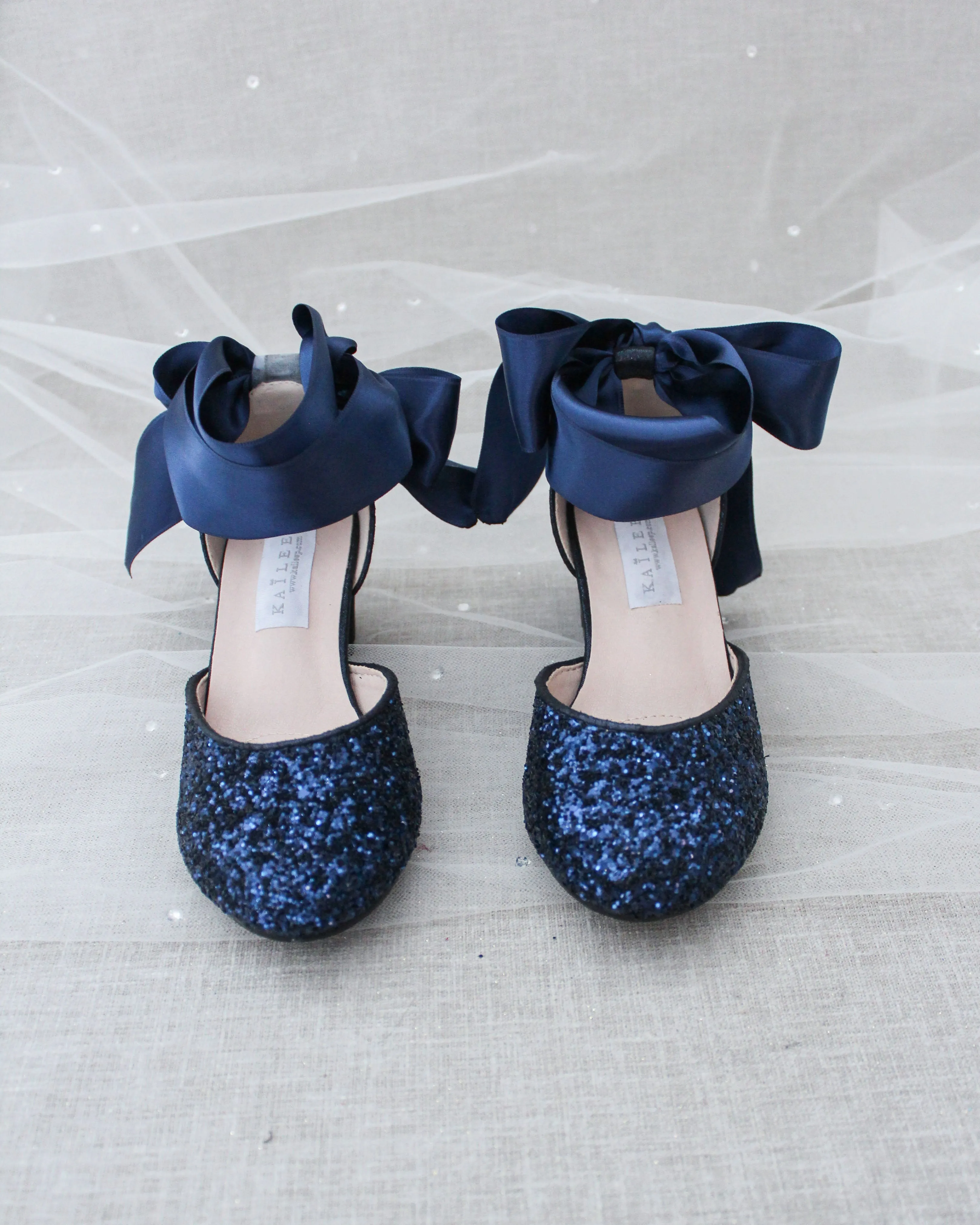 Rock Glitter Block Heel For Girls with Wrapped Satin Tie