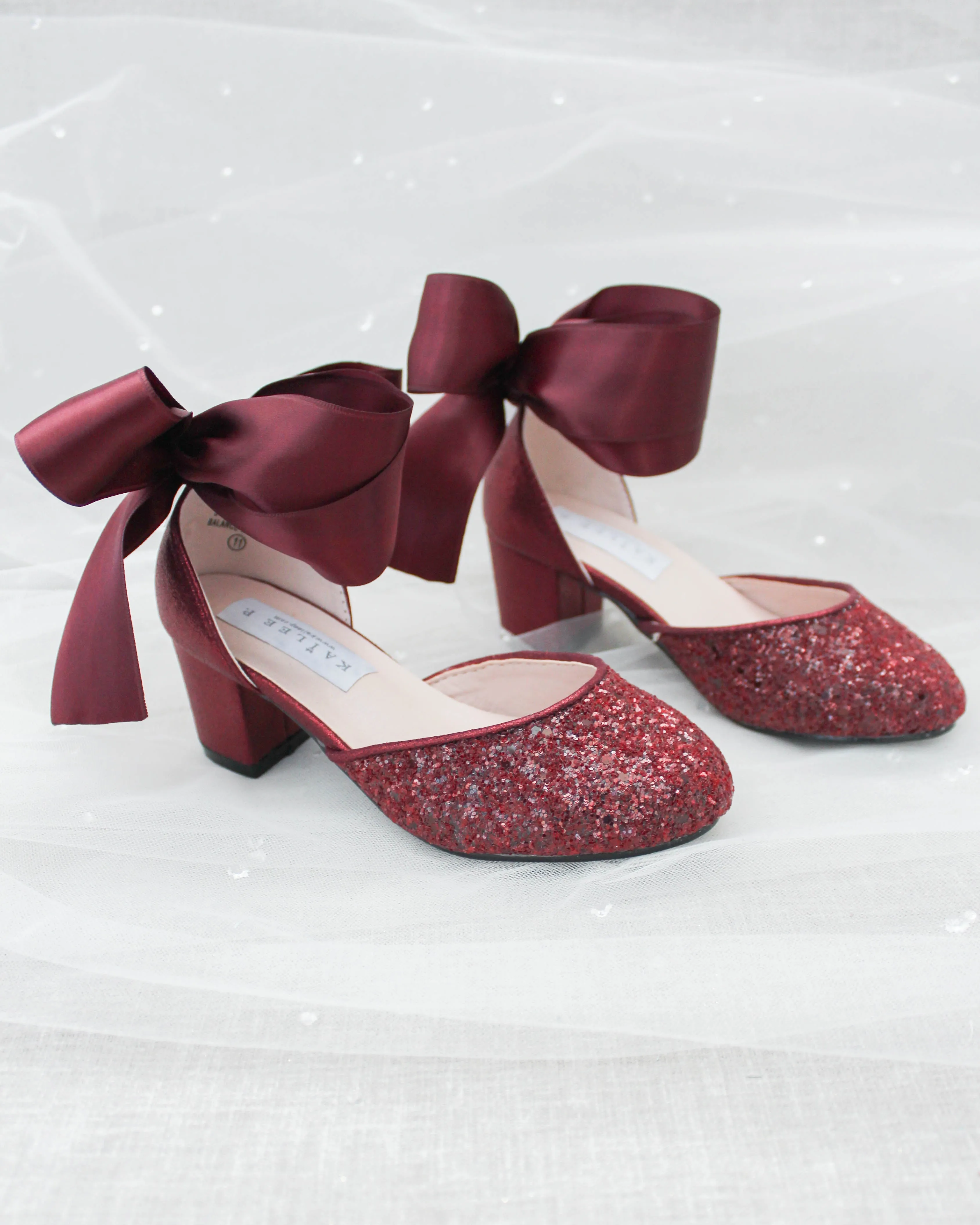 Rock Glitter Block Heel For Girls with Wrapped Satin Tie