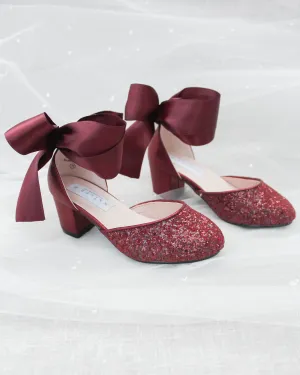 Rock Glitter Block Heel For Girls with Wrapped Satin Tie