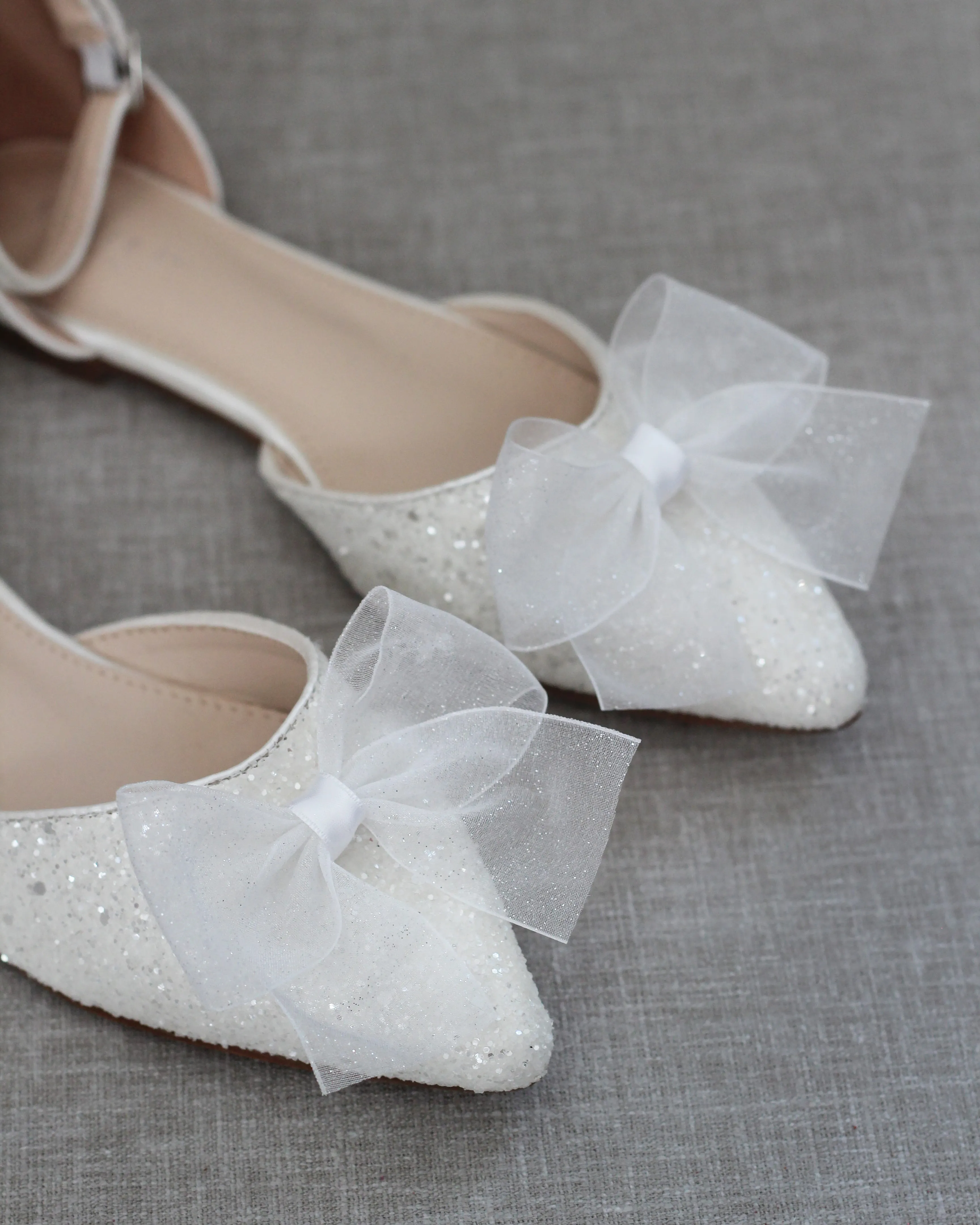 Rock Glitter Pointy Toe Flats with Organza Bow
