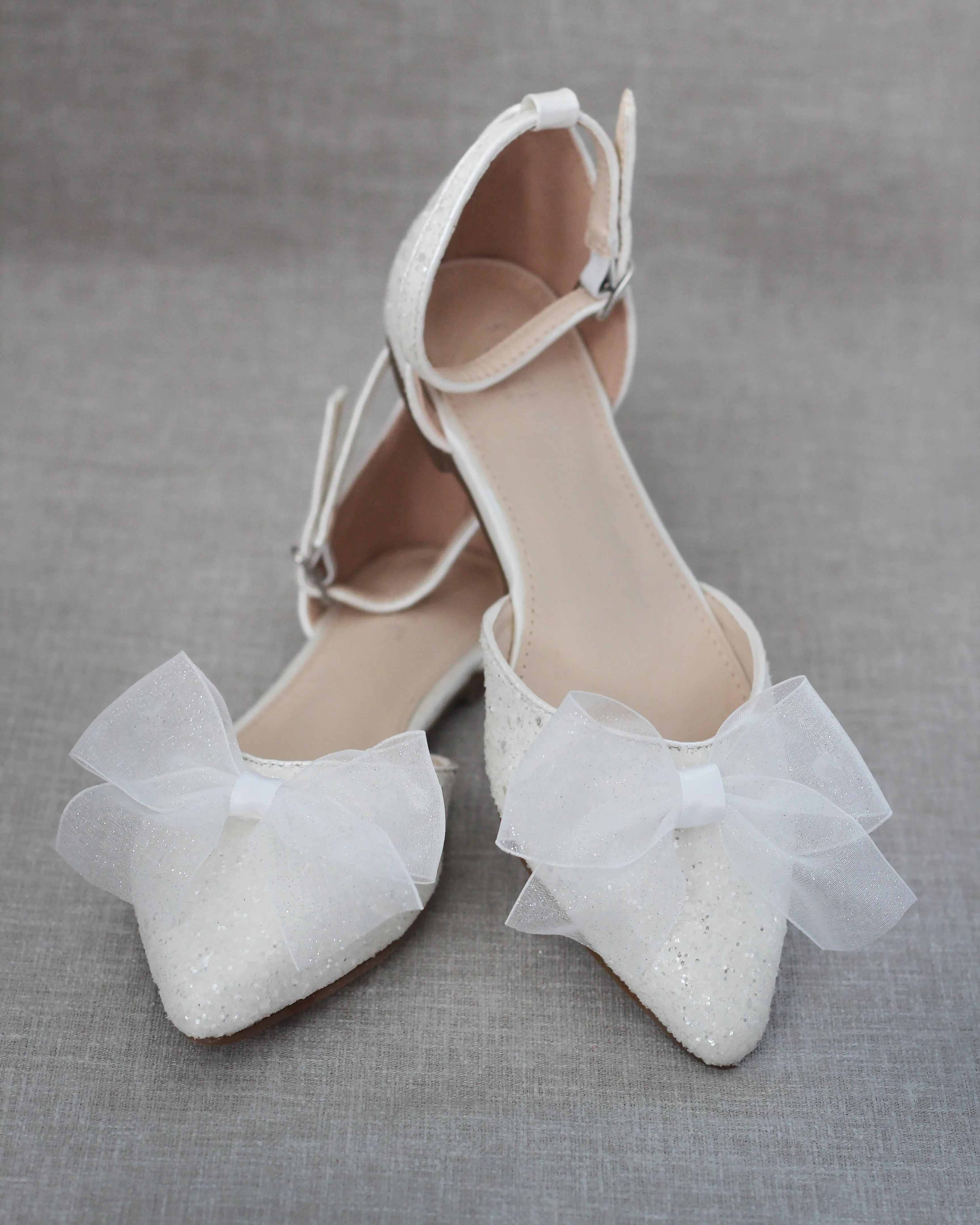 Rock Glitter Pointy Toe Flats with Organza Bow