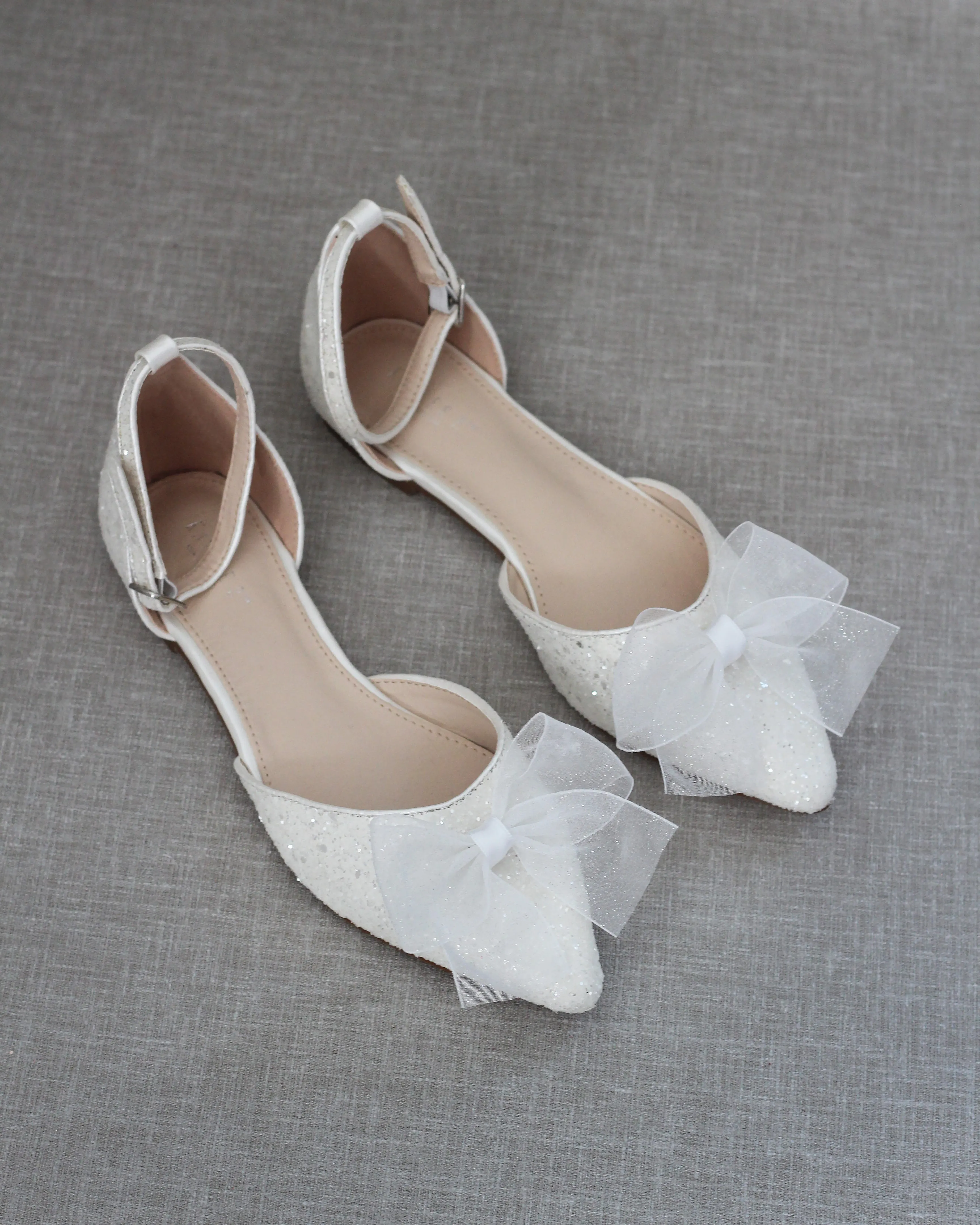 Rock Glitter Pointy Toe Flats with Organza Bow