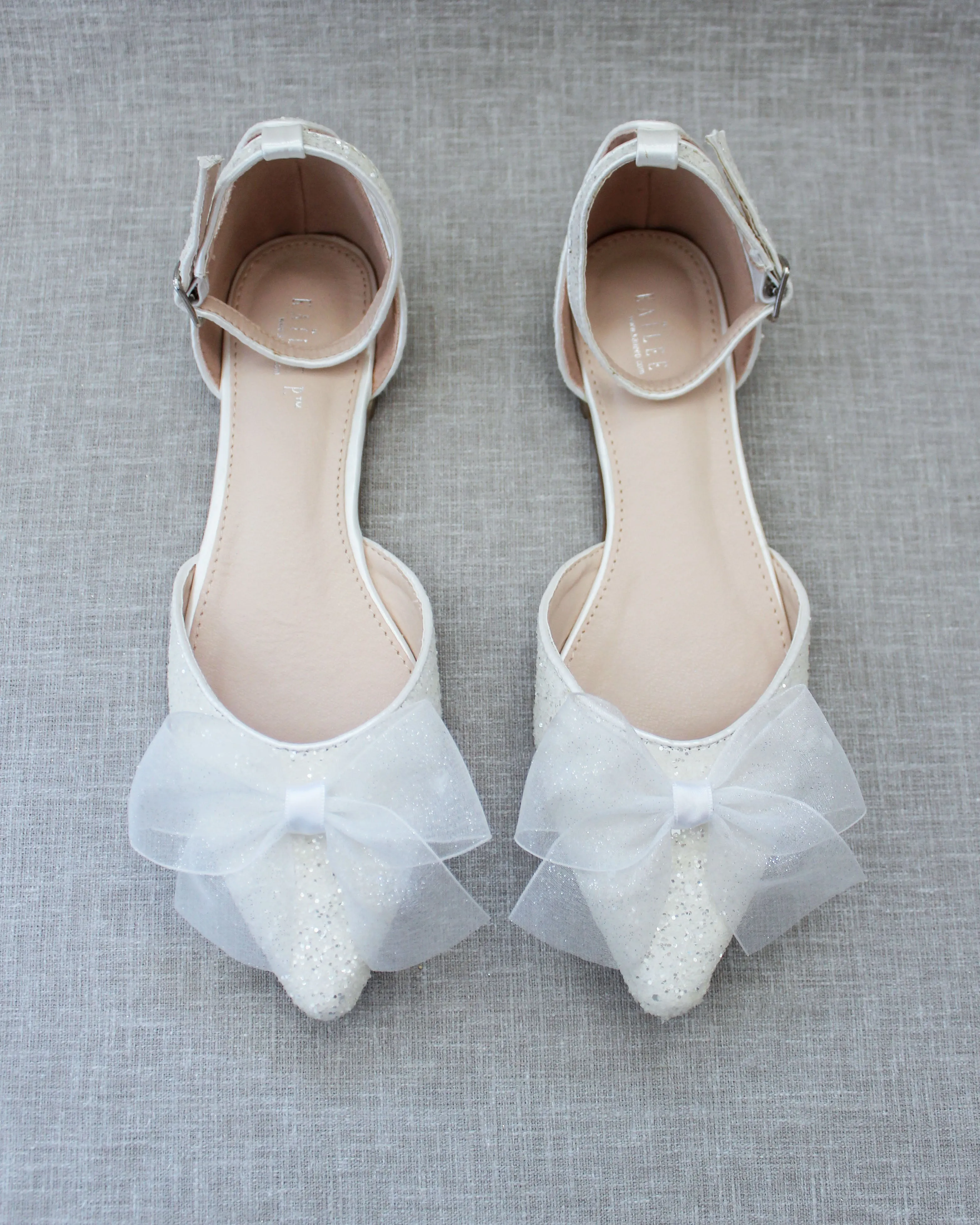 Rock Glitter Pointy Toe Flats with Organza Bow
