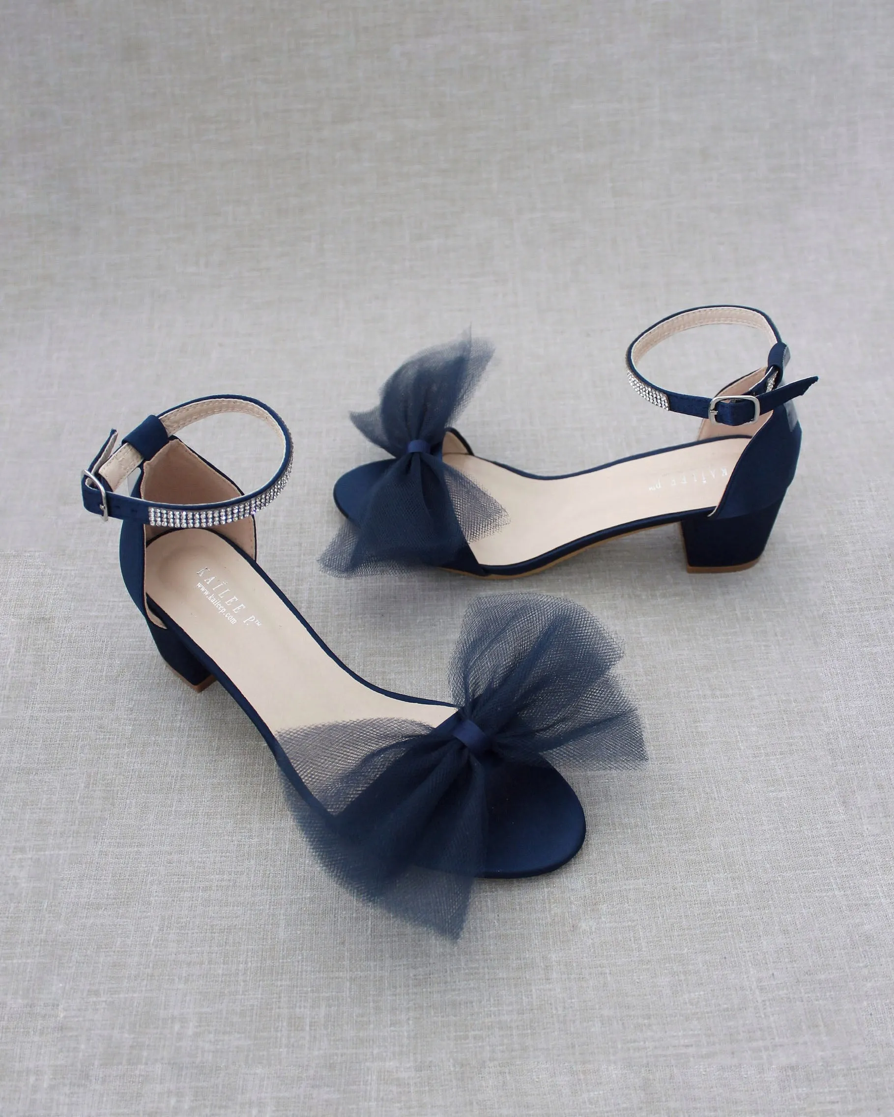 Satin Block Heel Sandal with Front Oversized Tulle Bow