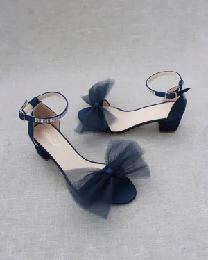 Satin Block Heel Sandal with Front Oversized Tulle Bow