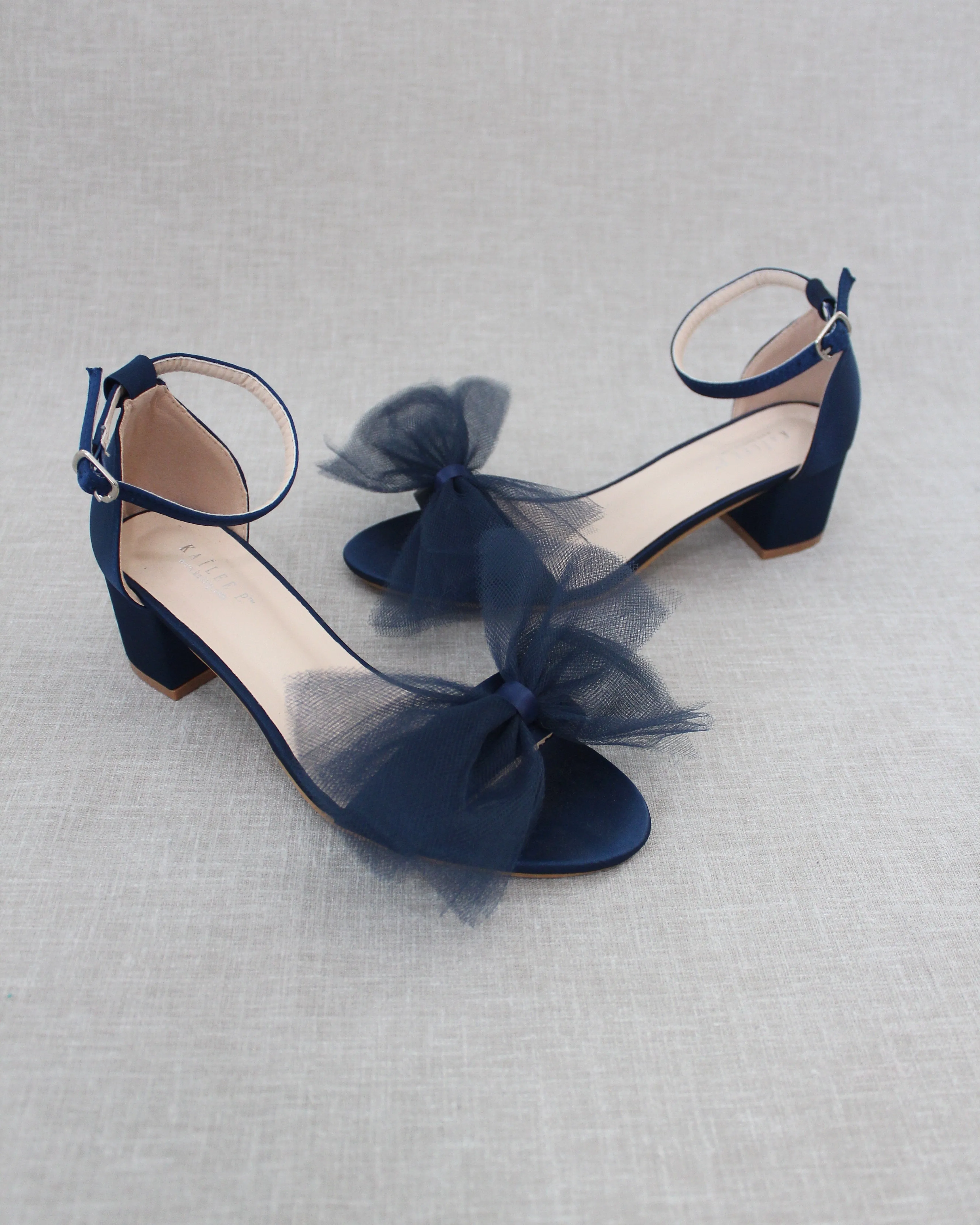 Satin Block Heel Sandal with Front Oversized Tulle Bow