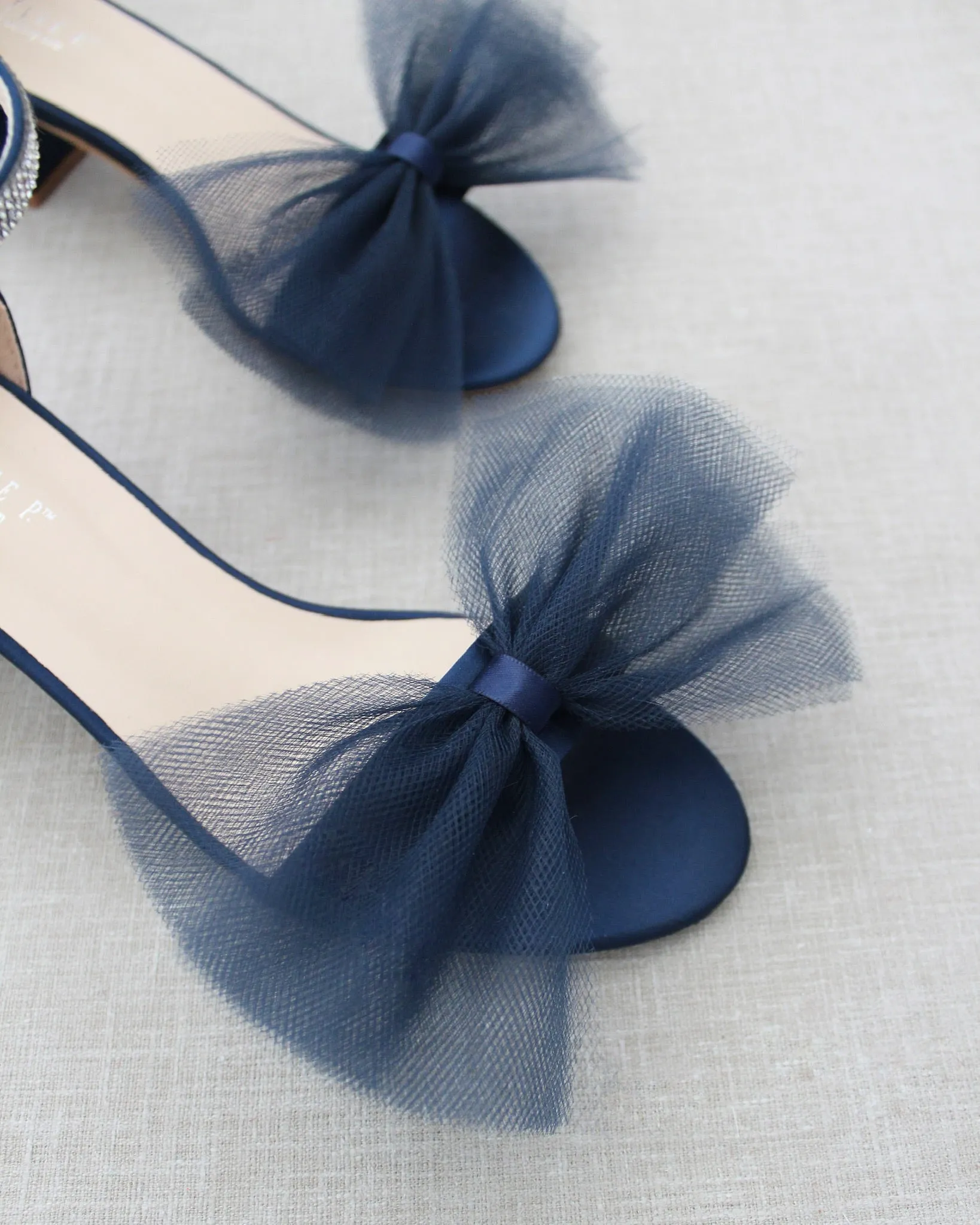 Satin Block Heel Sandal with Front Oversized Tulle Bow