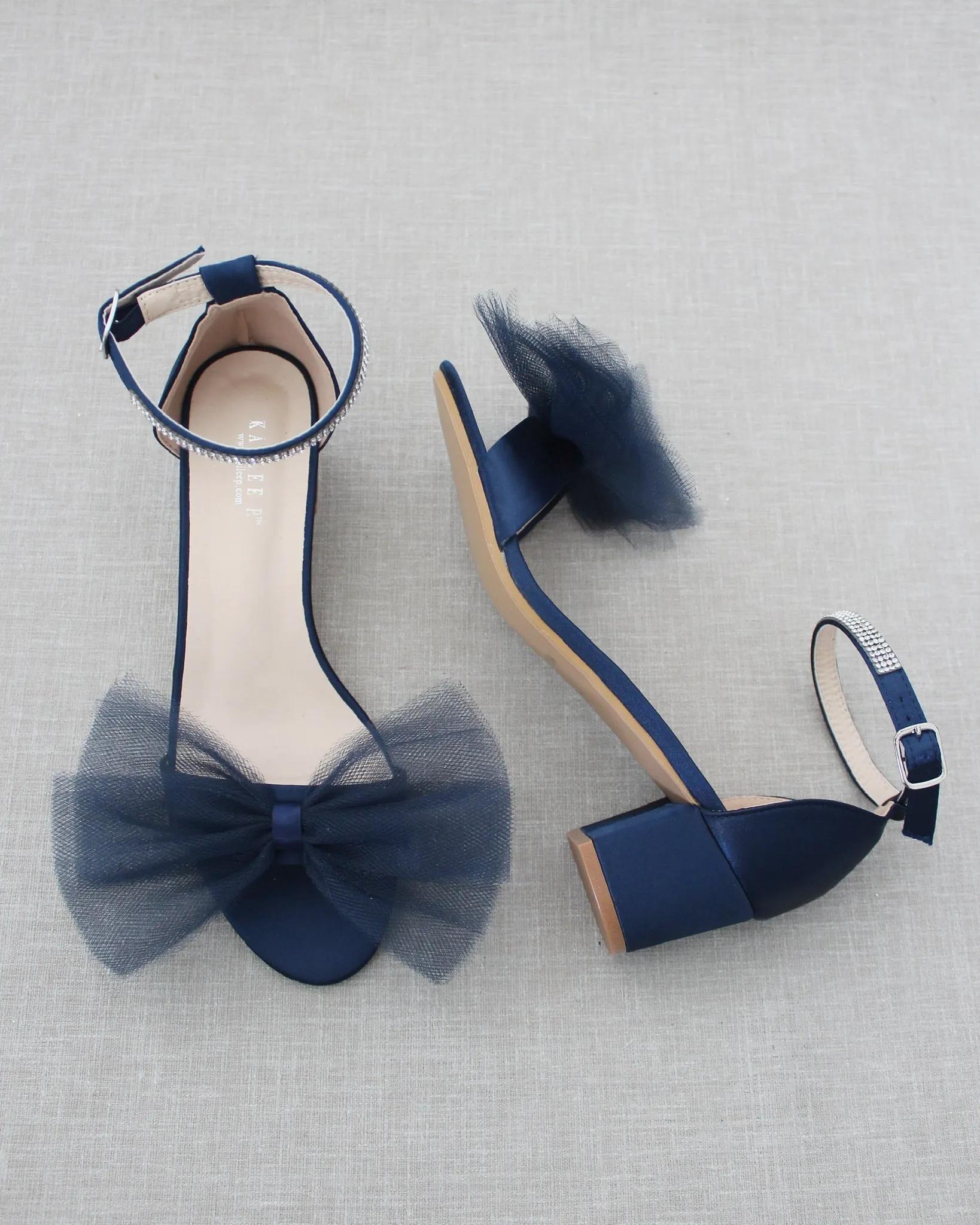 Satin Block Heel Sandal with Front Oversized Tulle Bow