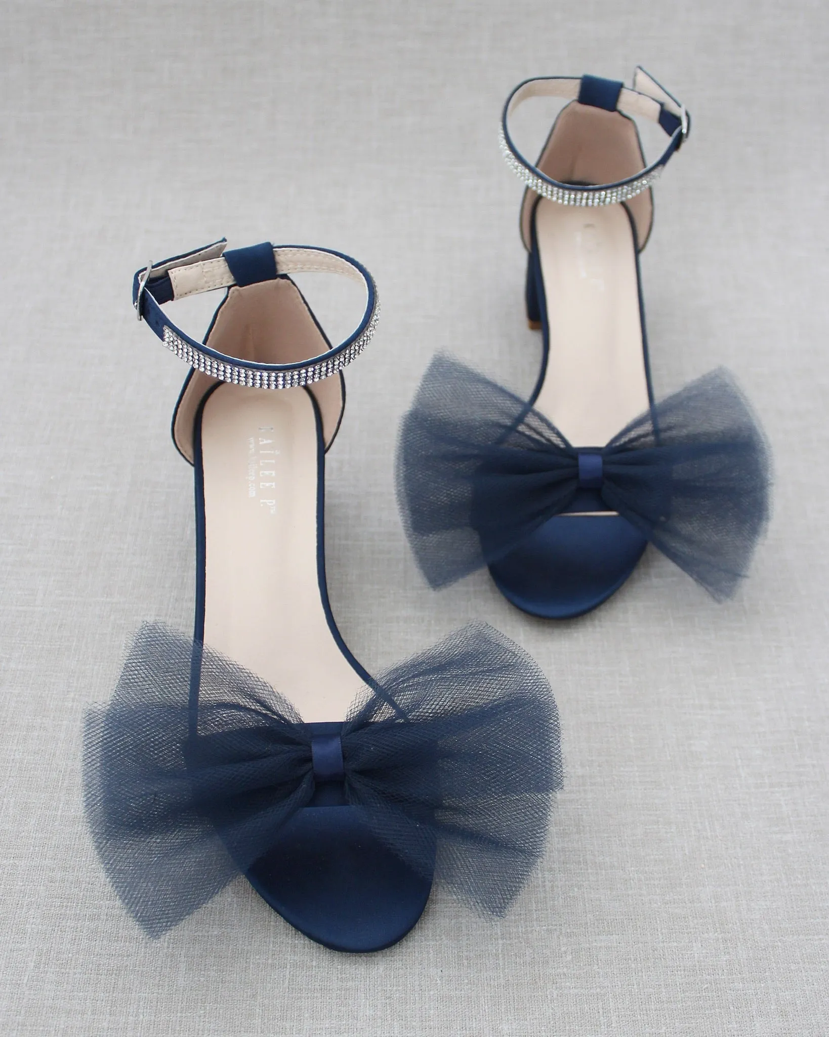 Satin Block Heel Sandal with Front Oversized Tulle Bow