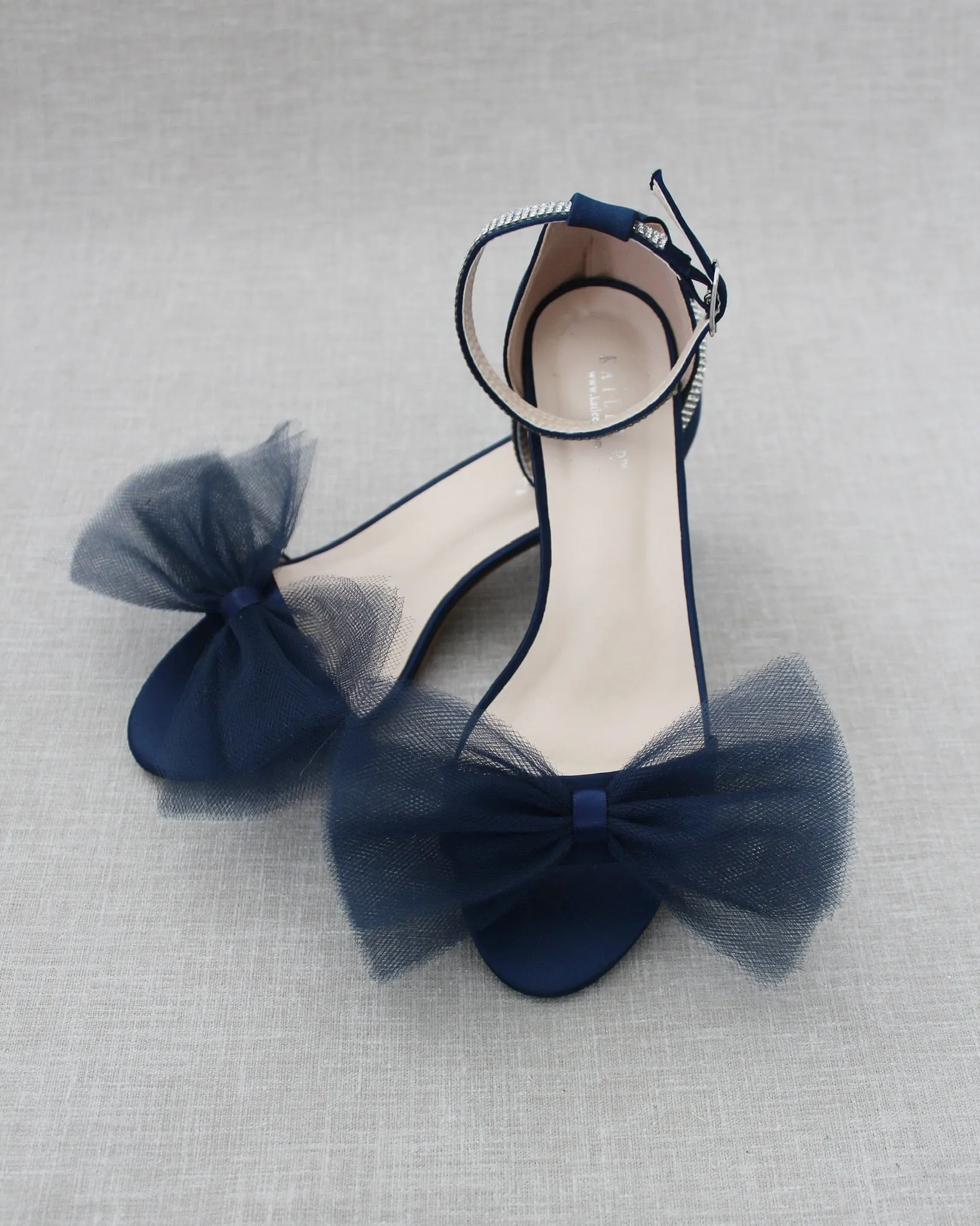 Satin Block Heel Sandal with Front Oversized Tulle Bow