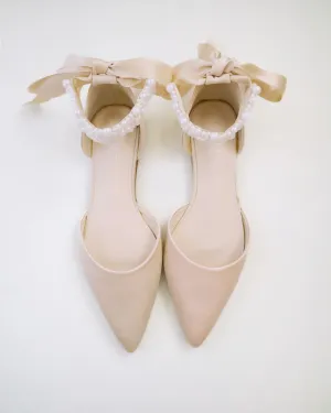 Satin Pointy Toe Evening Flats with Perla Ankle Strap