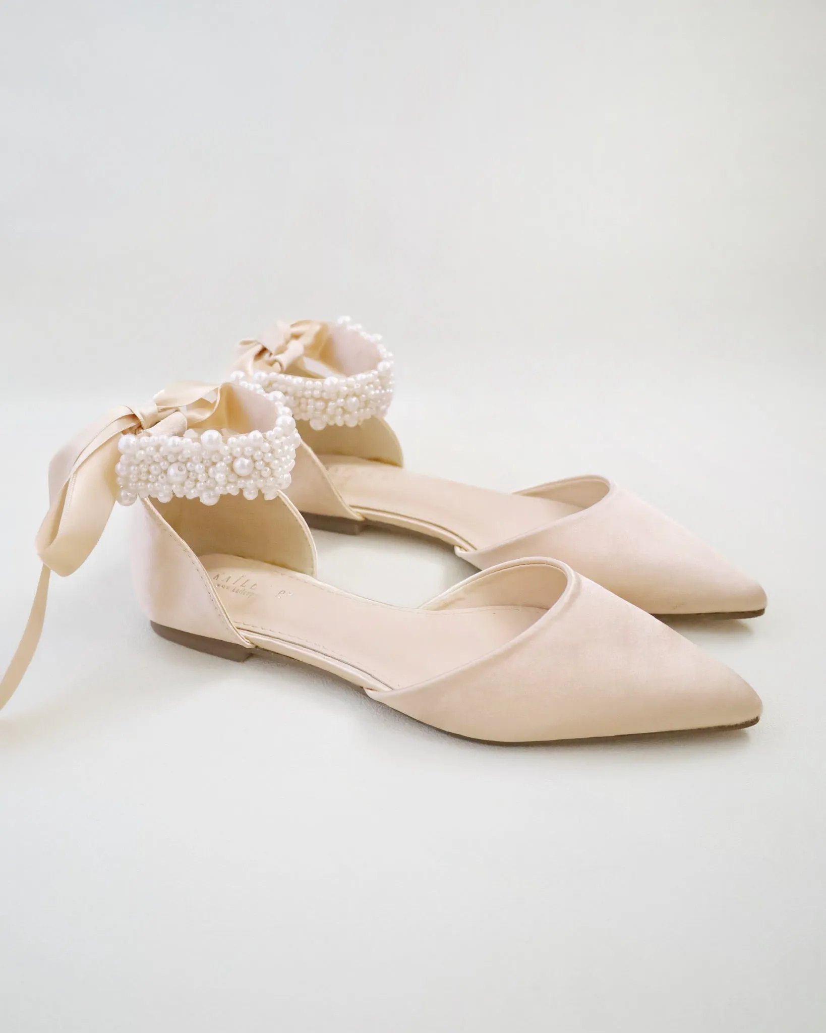 Satin Pointy Toe Evening Flats with Perla Ankle Strap