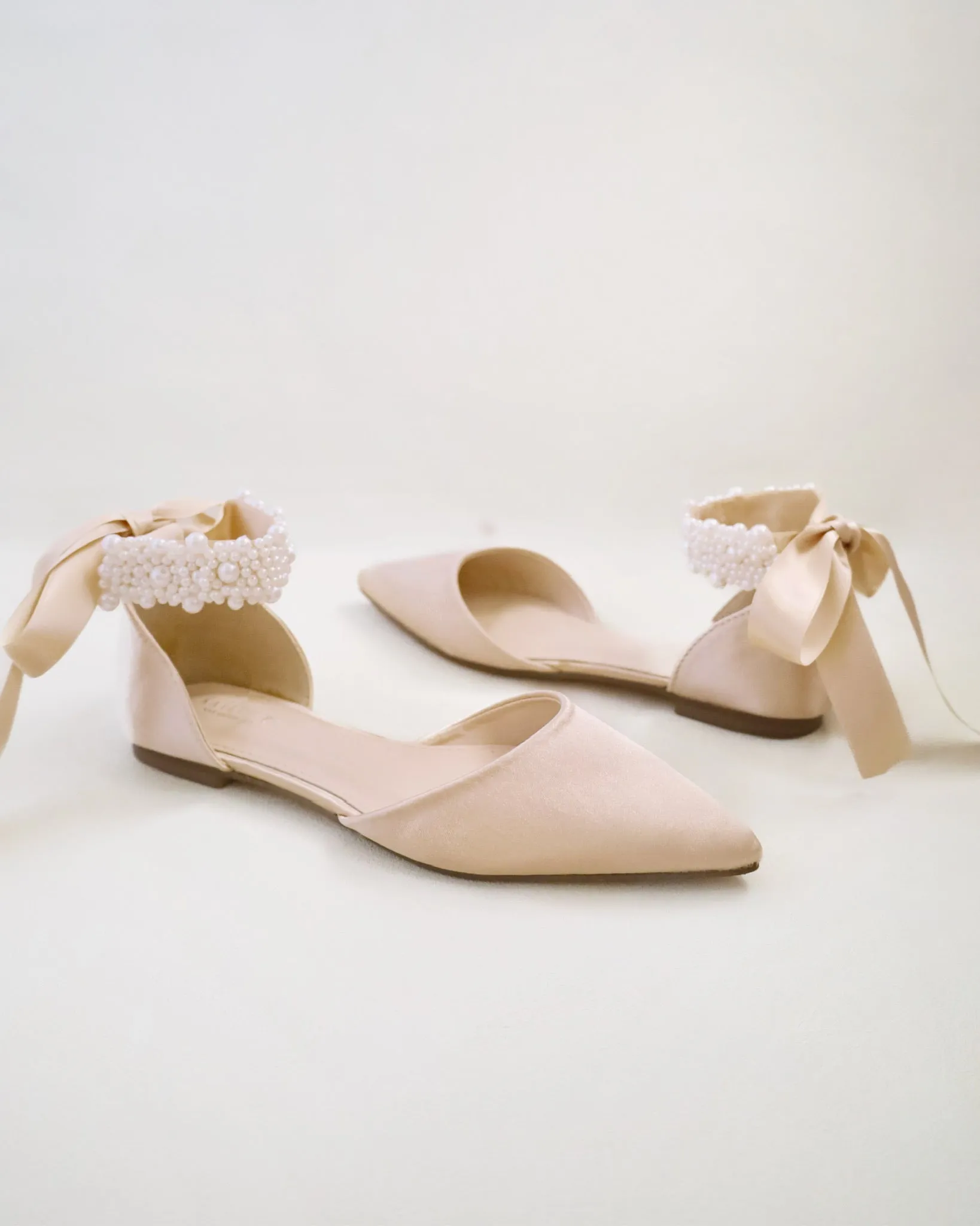 Satin Pointy Toe Evening Flats with Perla Ankle Strap