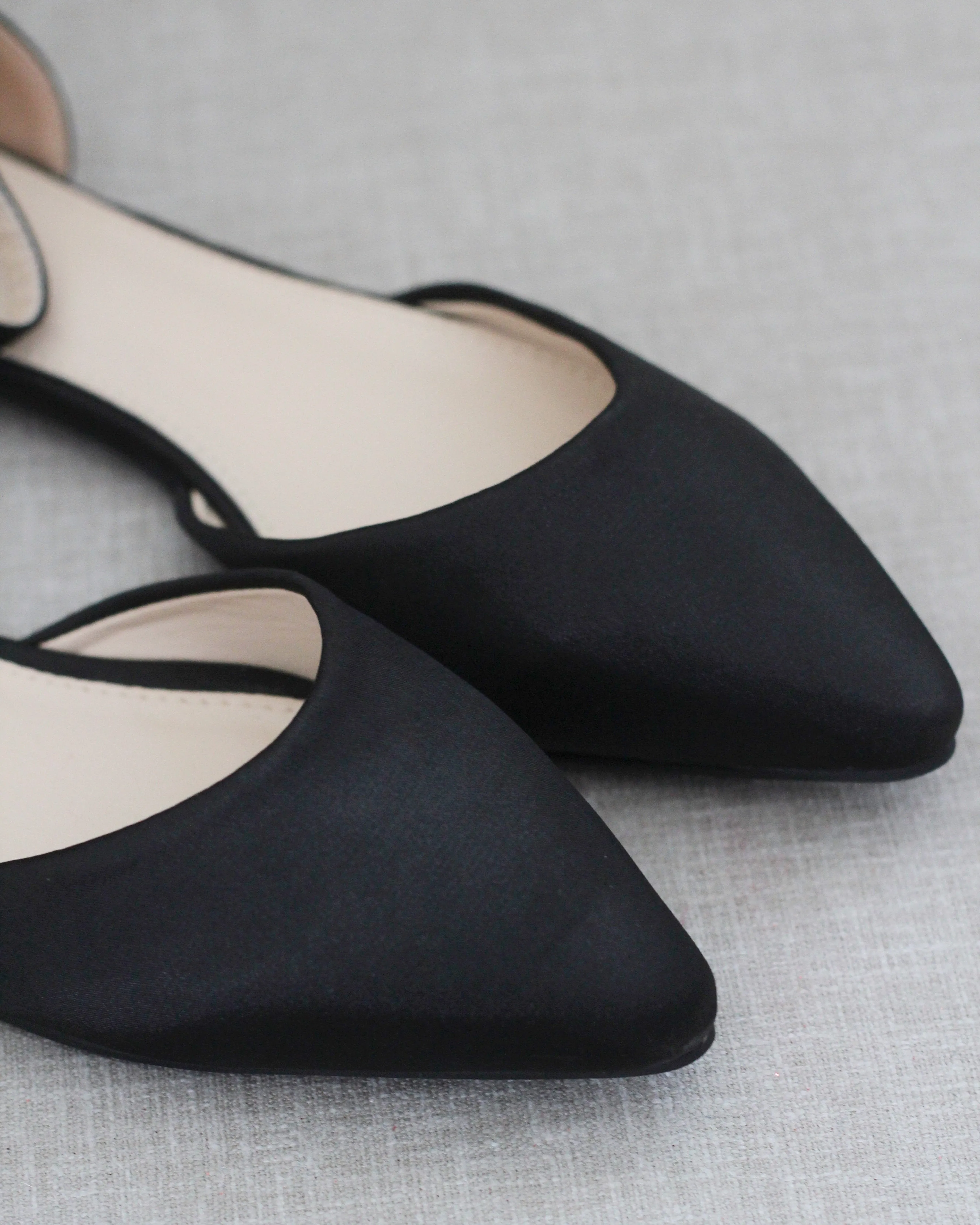 Satin Pointy Toe Flats with Ankle Strap