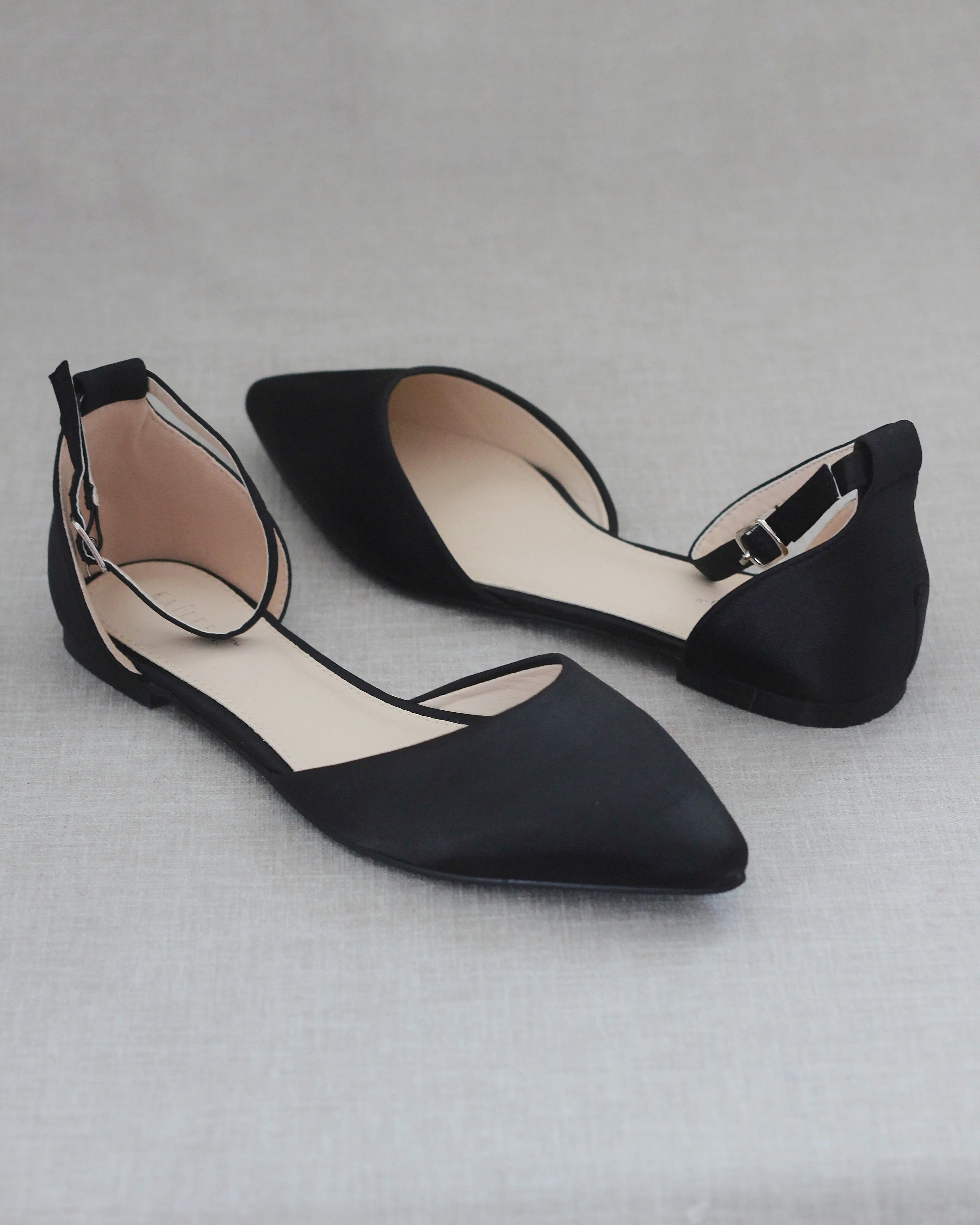 Satin Pointy Toe Flats with Ankle Strap