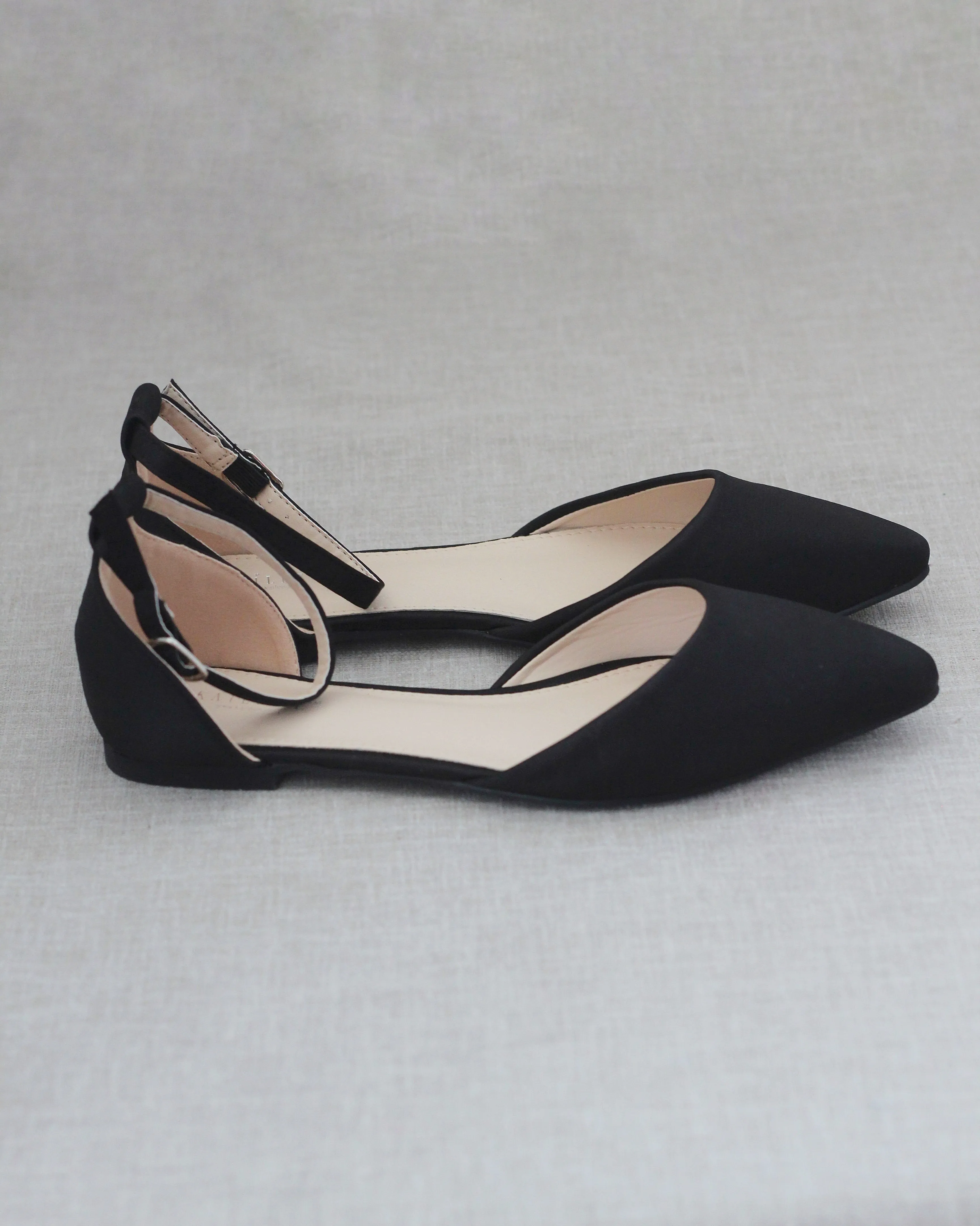 Satin Pointy Toe Flats with Ankle Strap