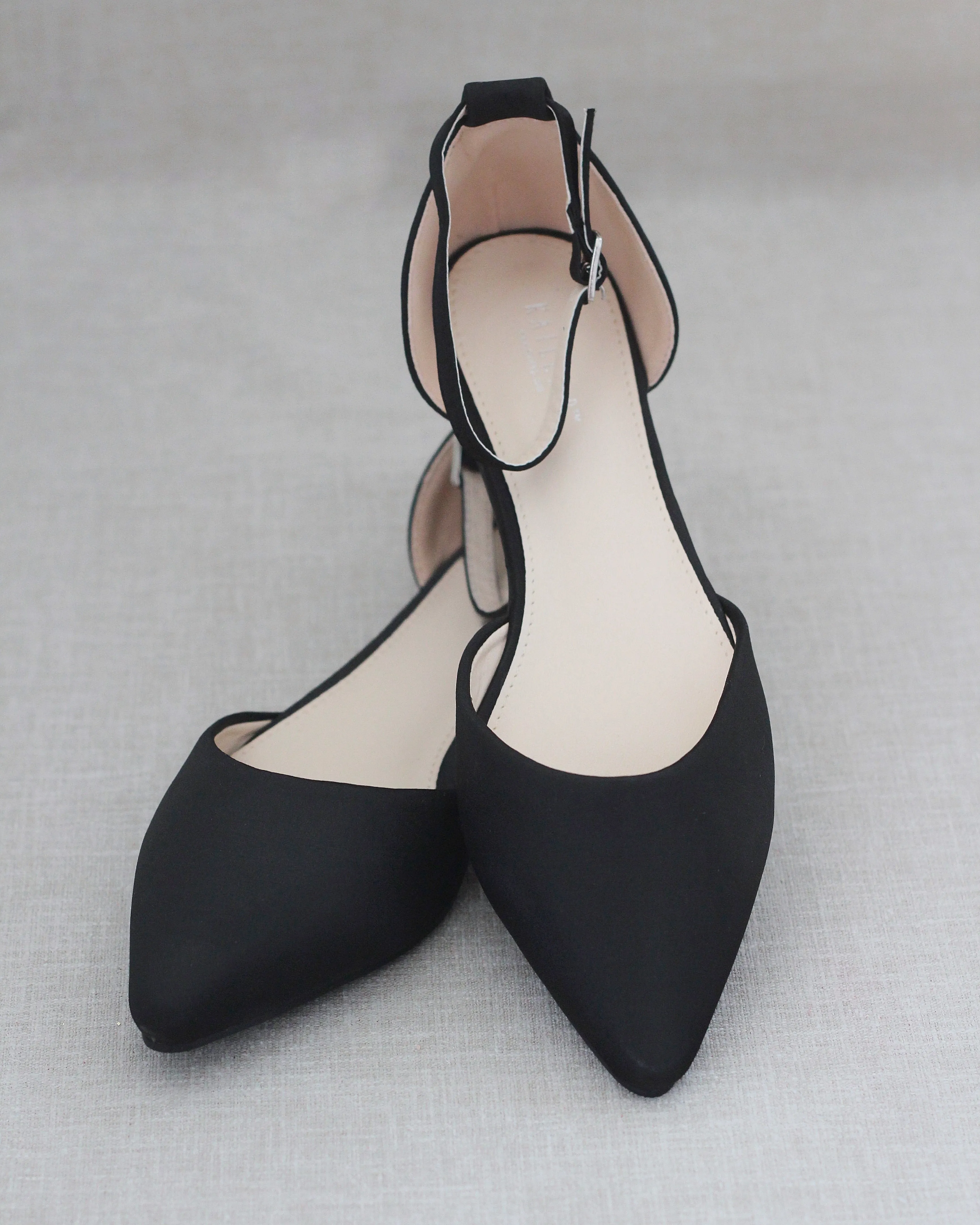 Satin Pointy Toe Flats with Ankle Strap