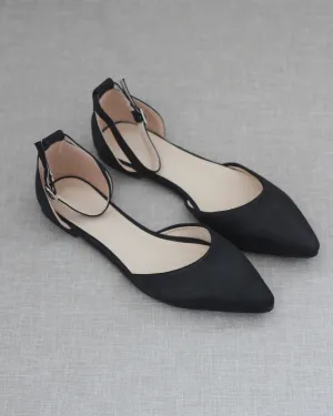 Satin Pointy Toe Flats with Ankle Strap