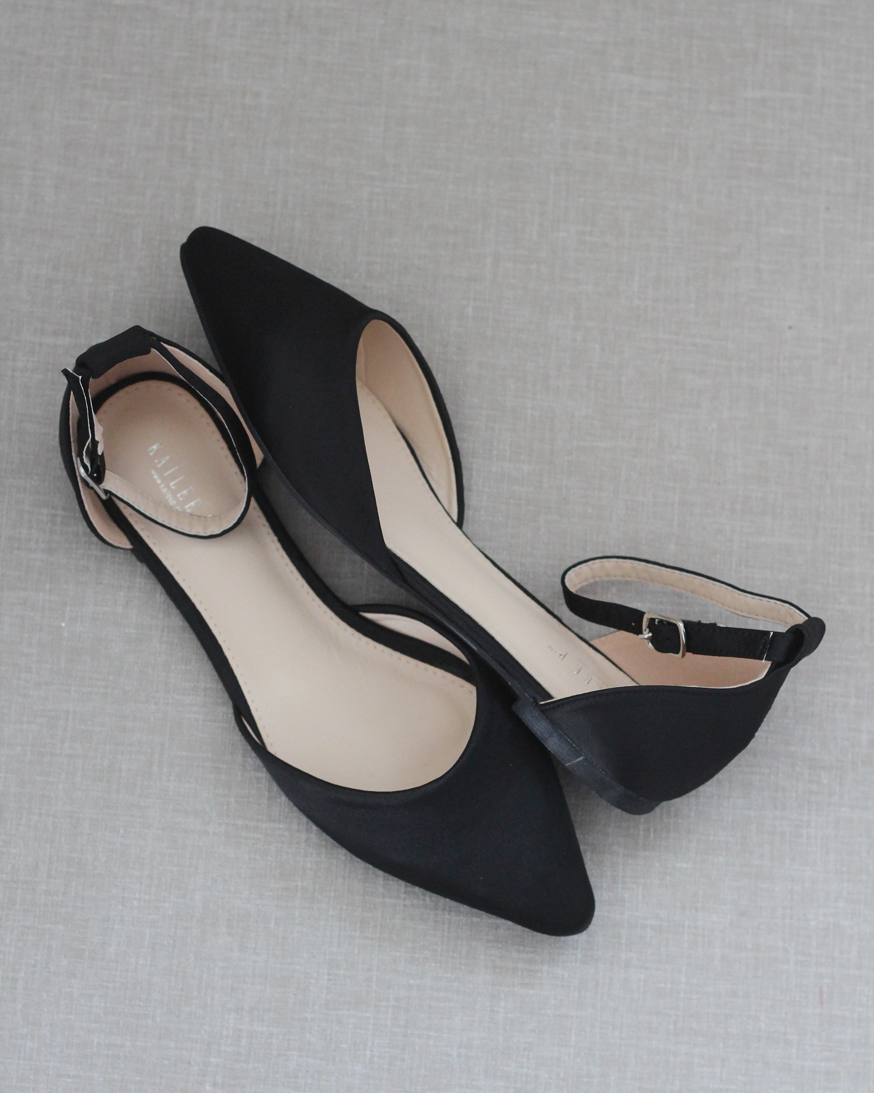Satin Pointy Toe Flats with Ankle Strap