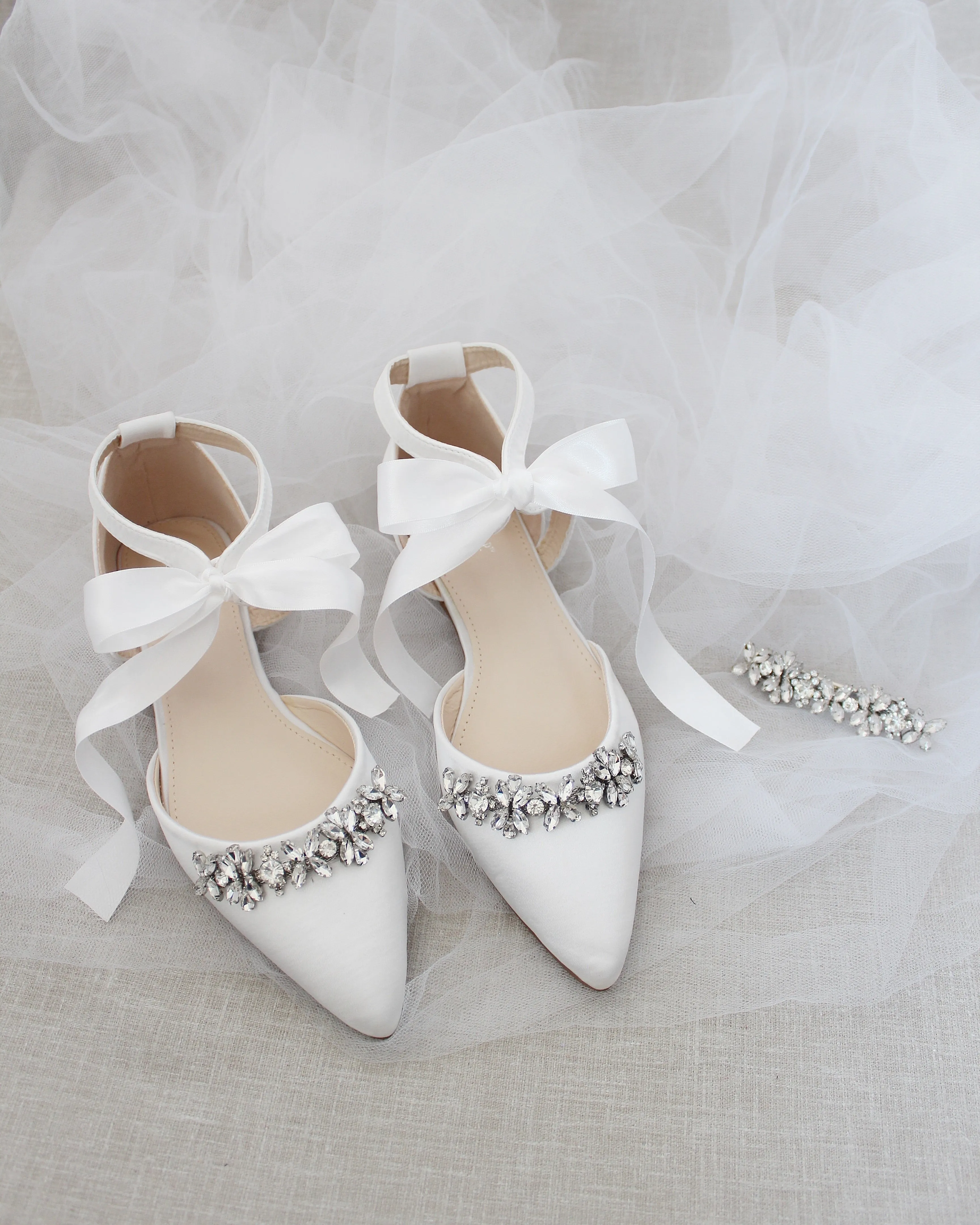 Satin Pointy Toe flats with Floral Rhinestones Embellishment