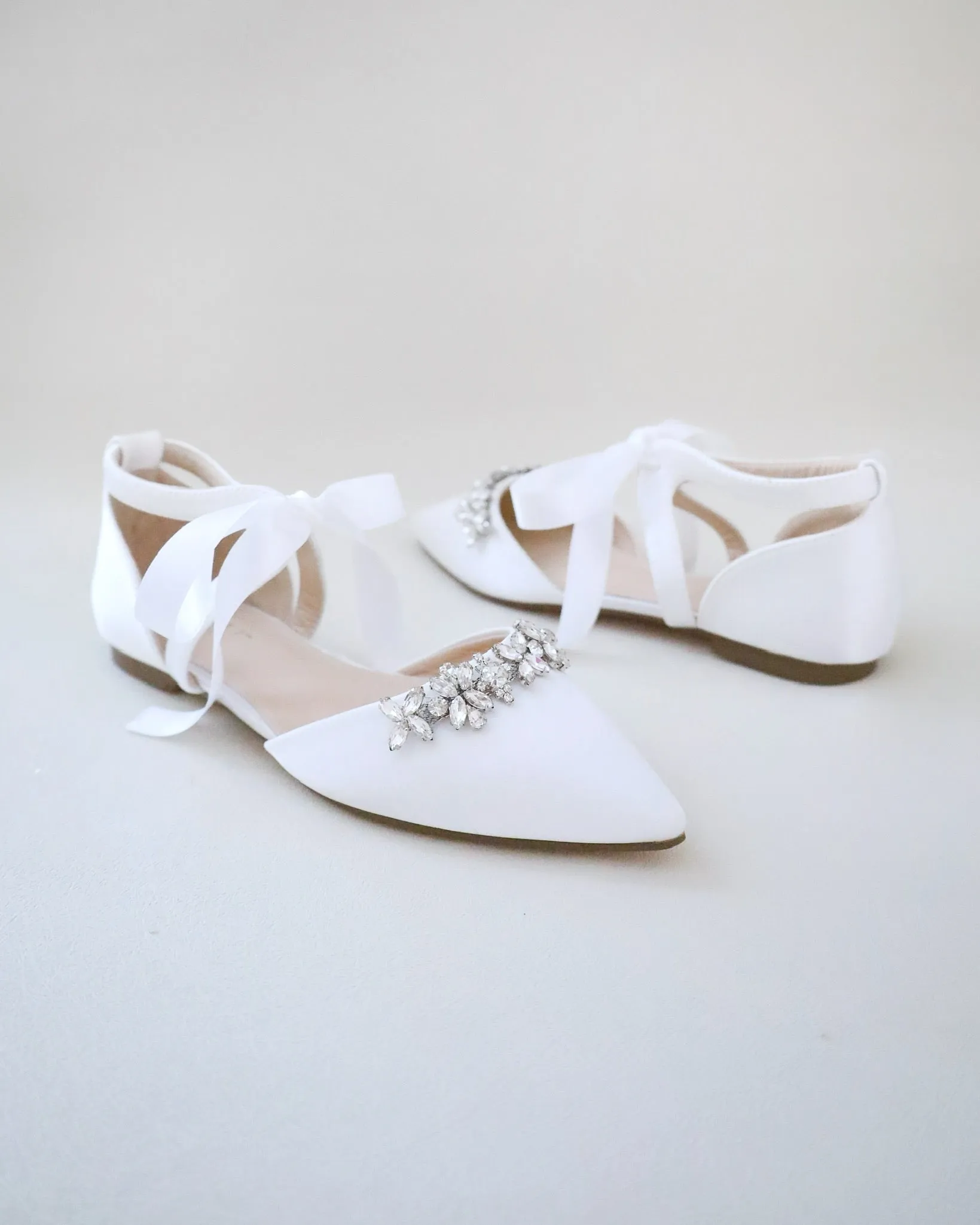 Satin Pointy Toe flats with Floral Rhinestones Embellishment