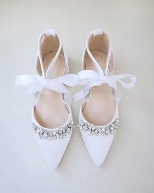 Satin Pointy Toe flats with Floral Rhinestones Embellishment