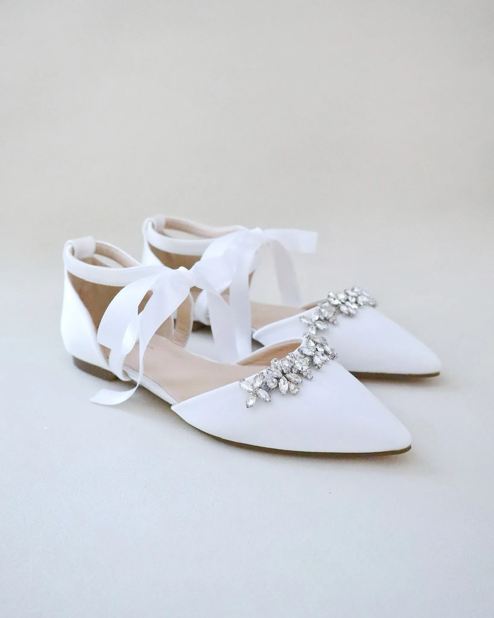 Satin Pointy Toe flats with Floral Rhinestones Embellishment