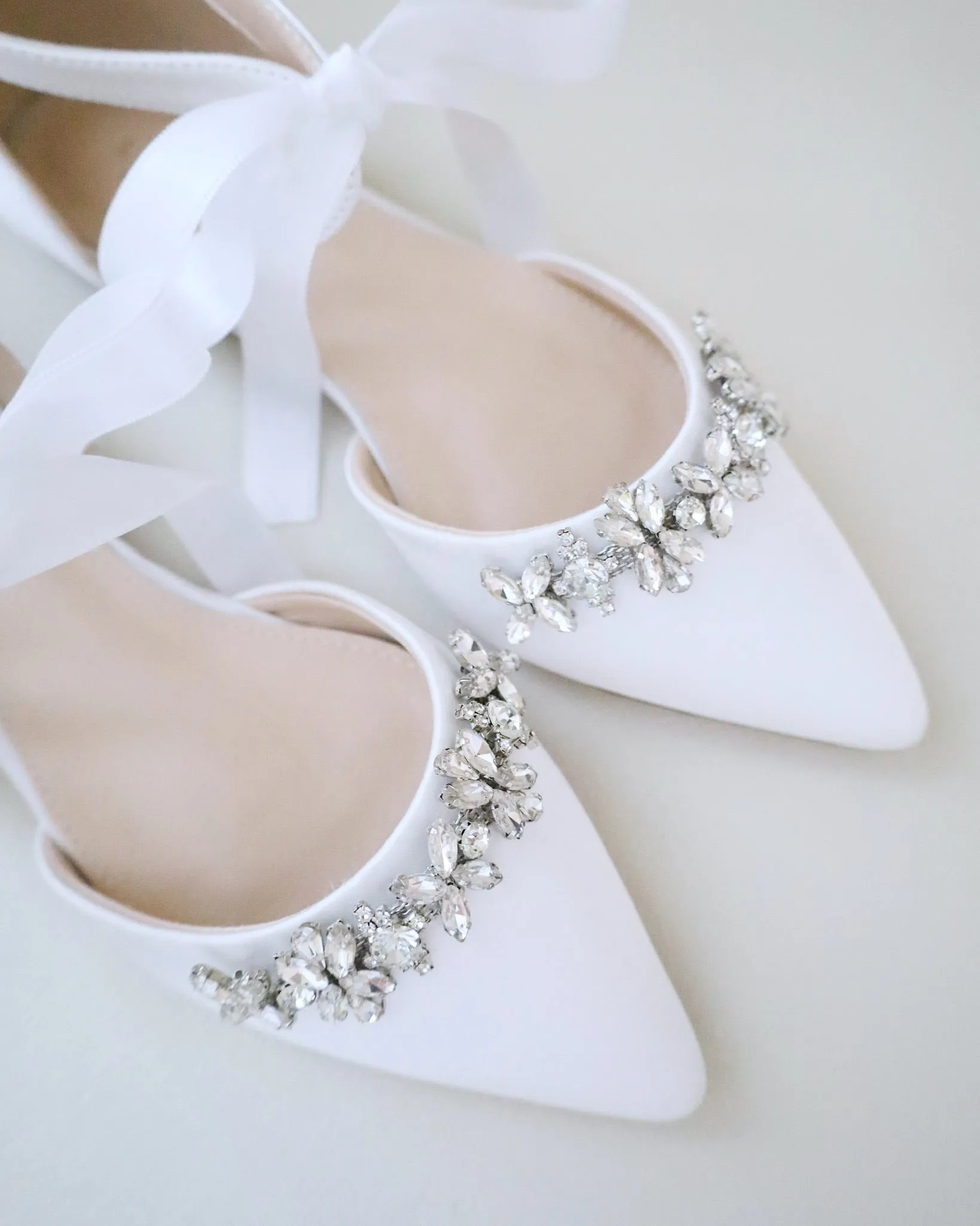 Satin Pointy Toe flats with Floral Rhinestones Embellishment