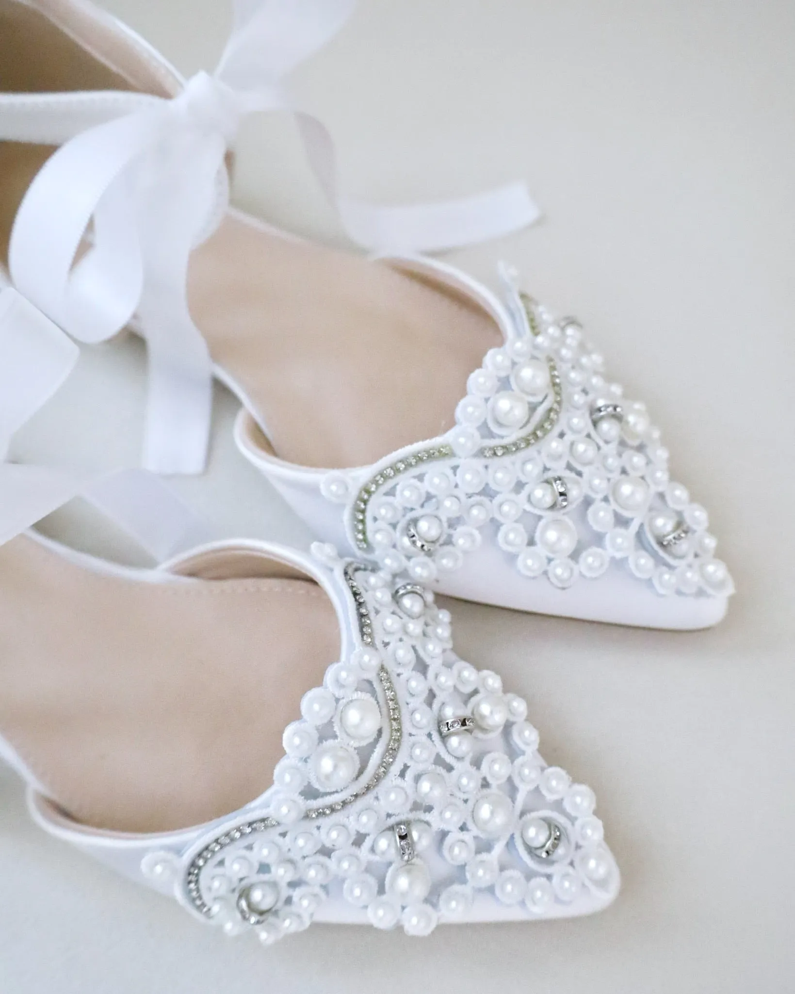 Satin Pointy Toe Flats with Oversized Pearls Applique
