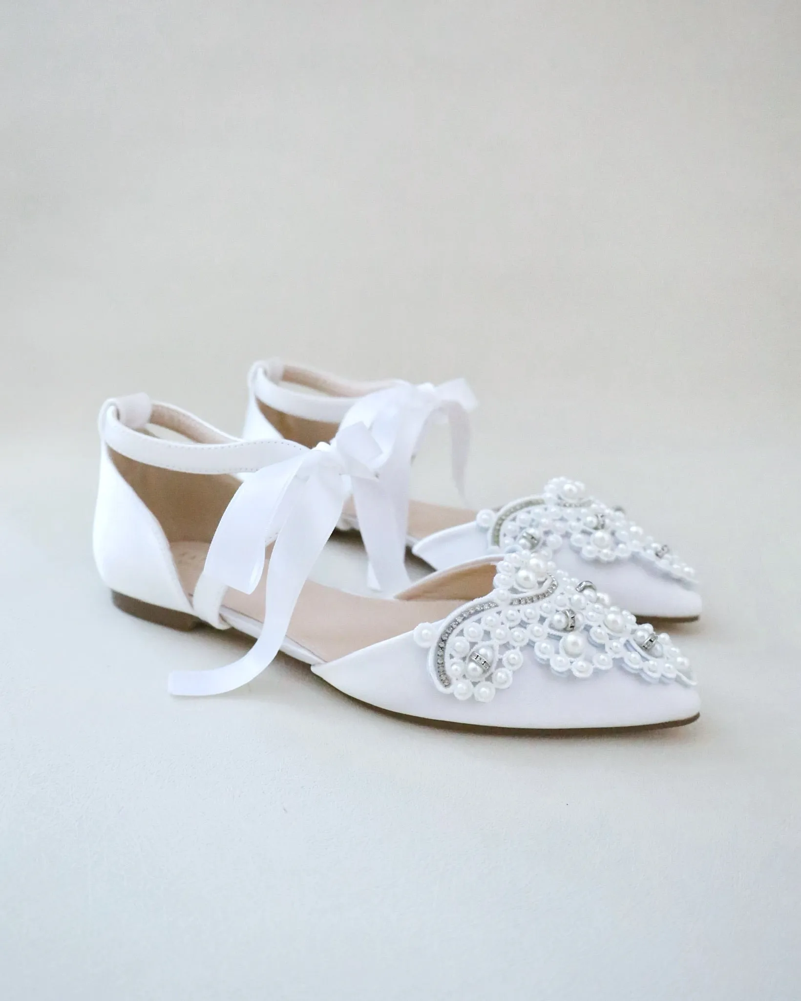 Satin Pointy Toe Flats with Oversized Pearls Applique