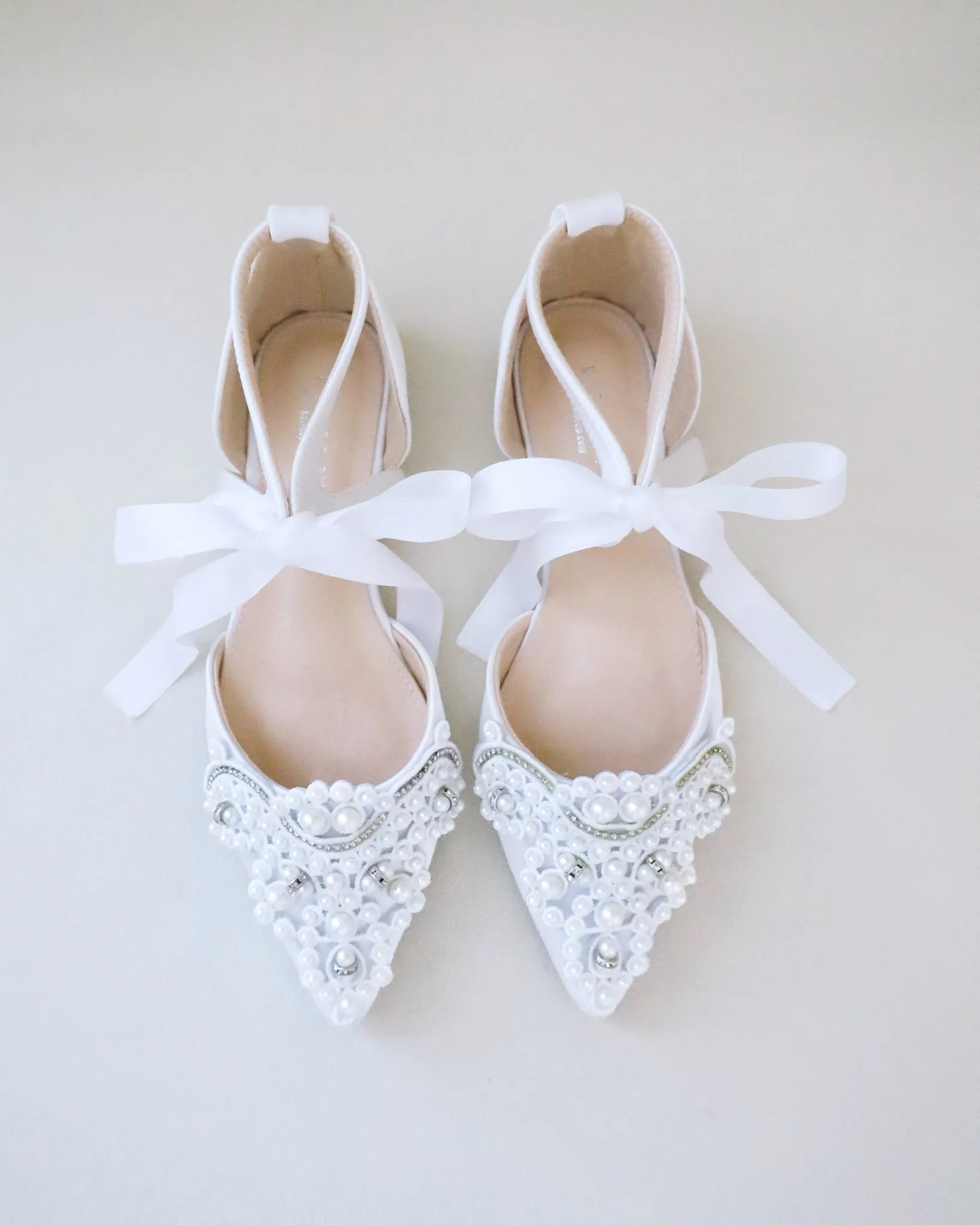 Satin Pointy Toe Flats with Oversized Pearls Applique