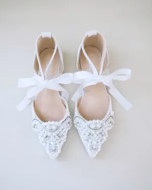 Satin Pointy Toe Flats with Oversized Pearls Applique