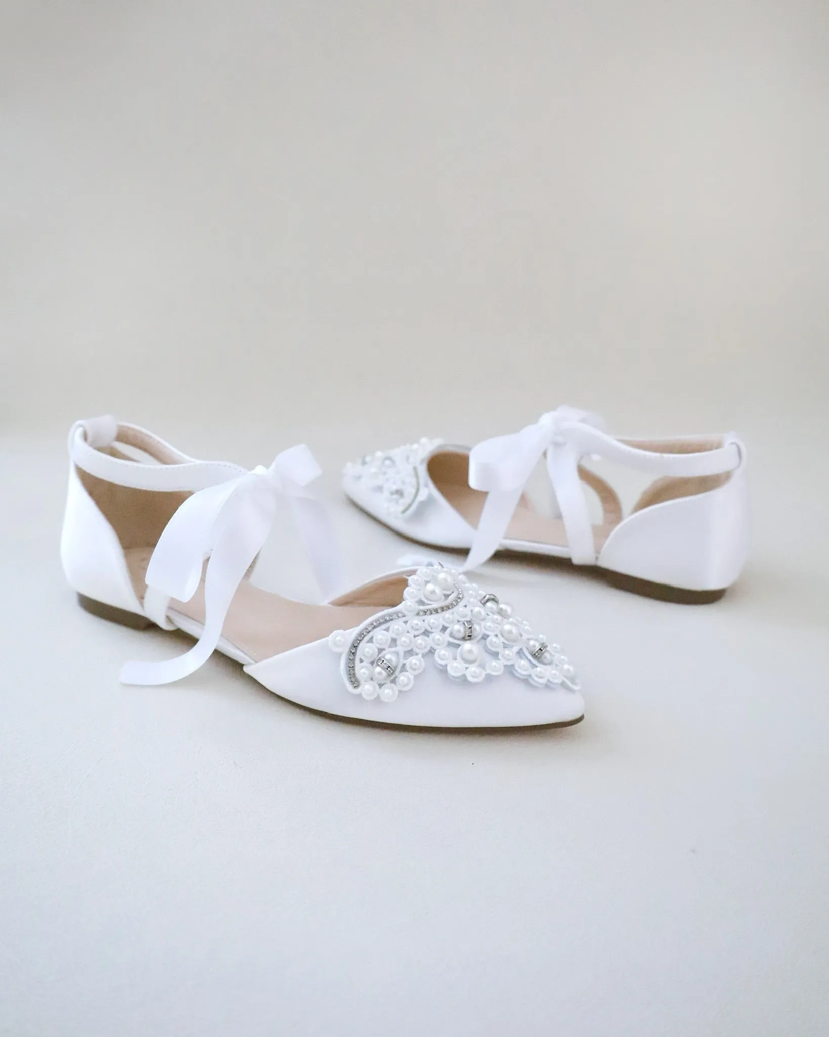 Satin Pointy Toe Flats with Oversized Pearls Applique