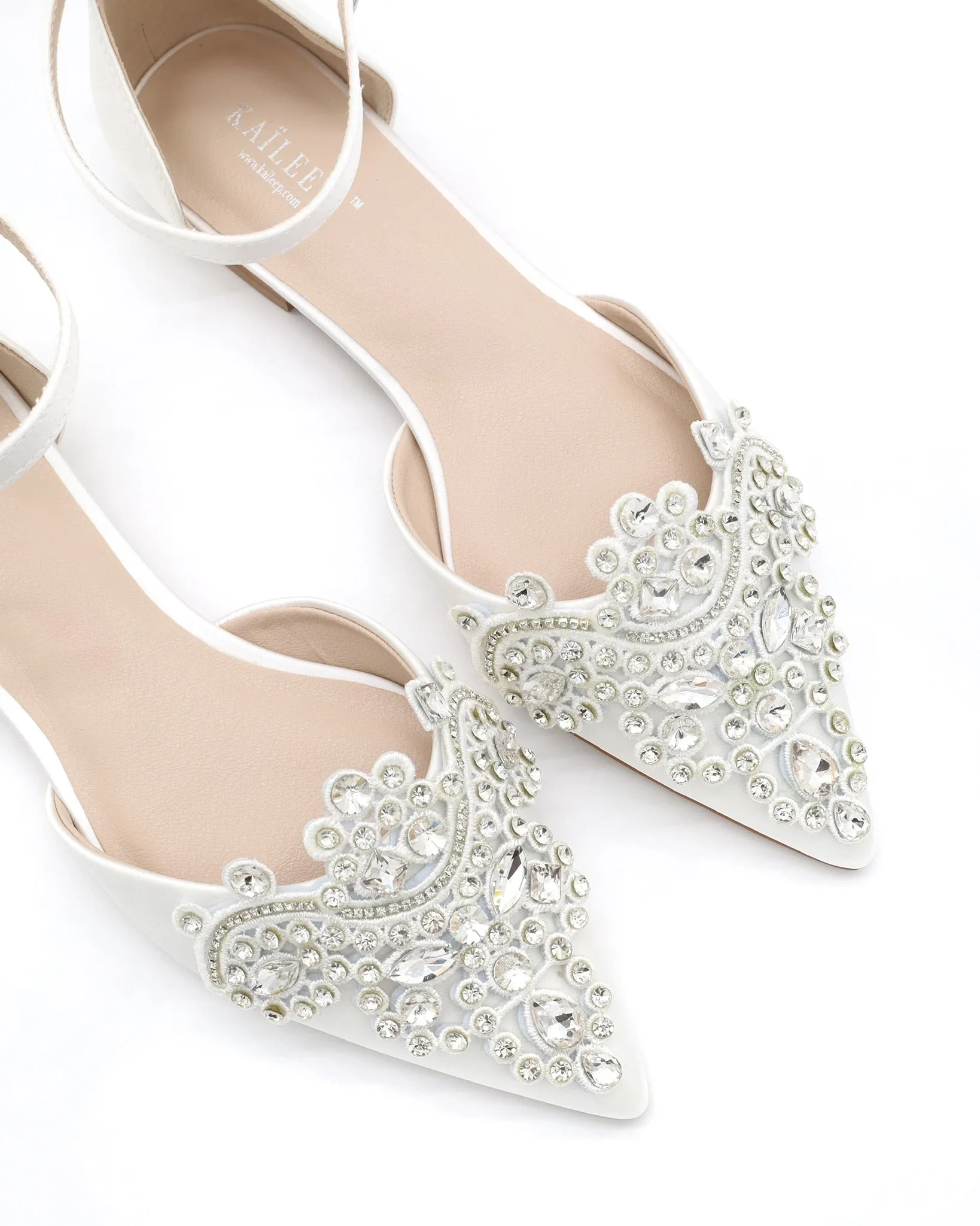 Satin Pointy Toe Flats with Rhinestones Applique Embellishments