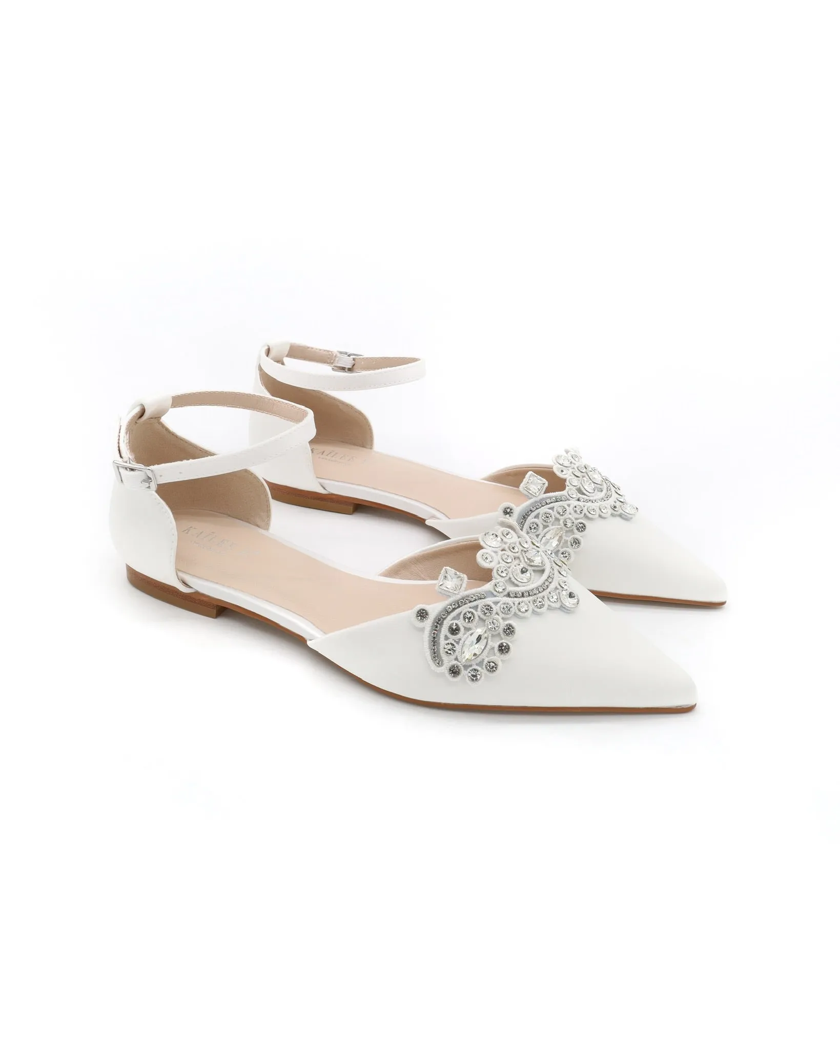 Satin Pointy Toe Flats with Rhinestones Applique Embellishments