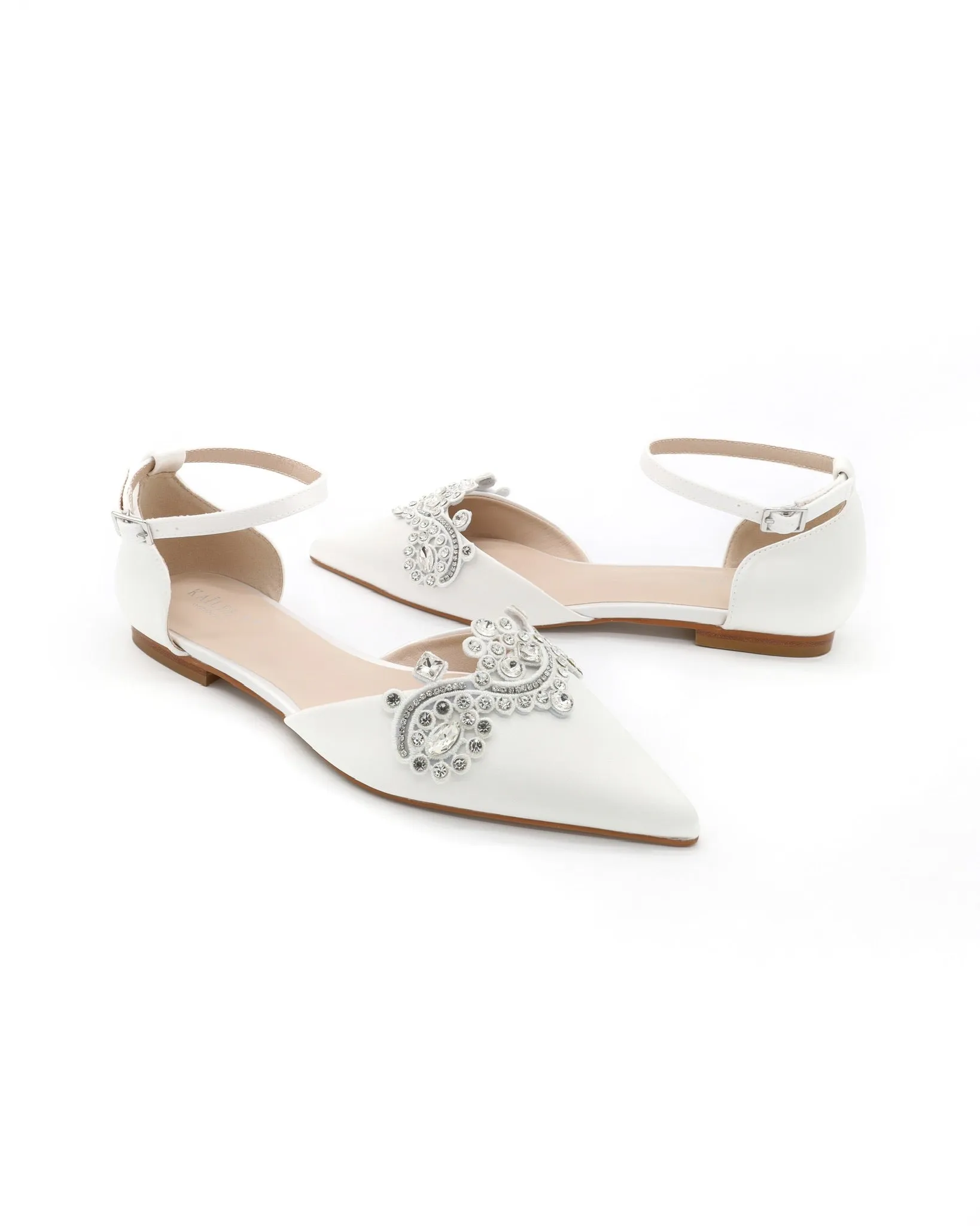 Satin Pointy Toe Flats with Rhinestones Applique Embellishments
