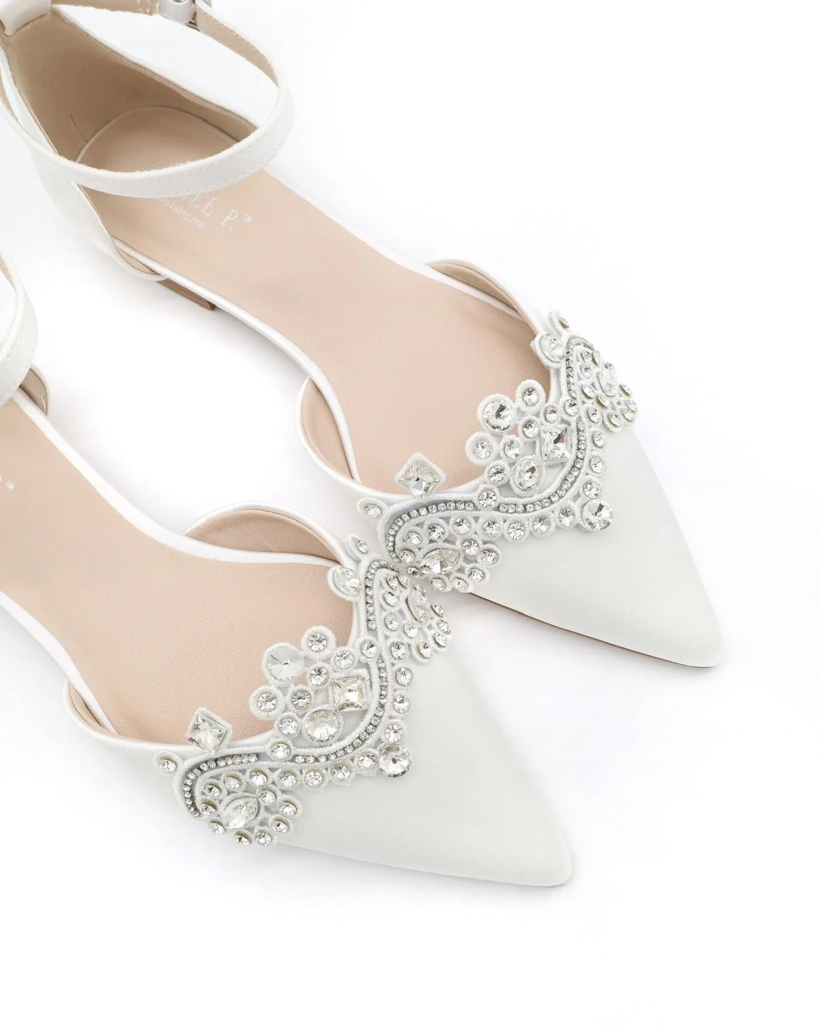 Satin Pointy Toe Flats with Rhinestones Applique Embellishments