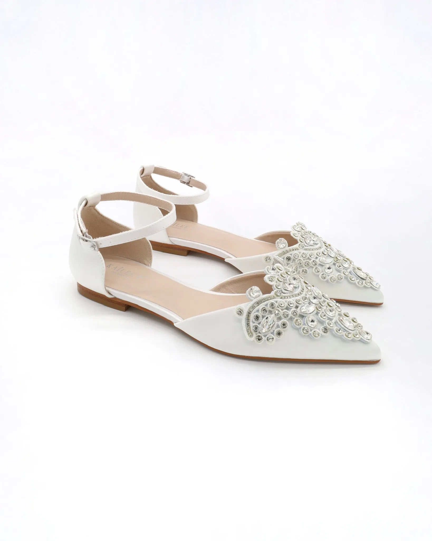 Satin Pointy Toe Flats with Rhinestones Applique Embellishments