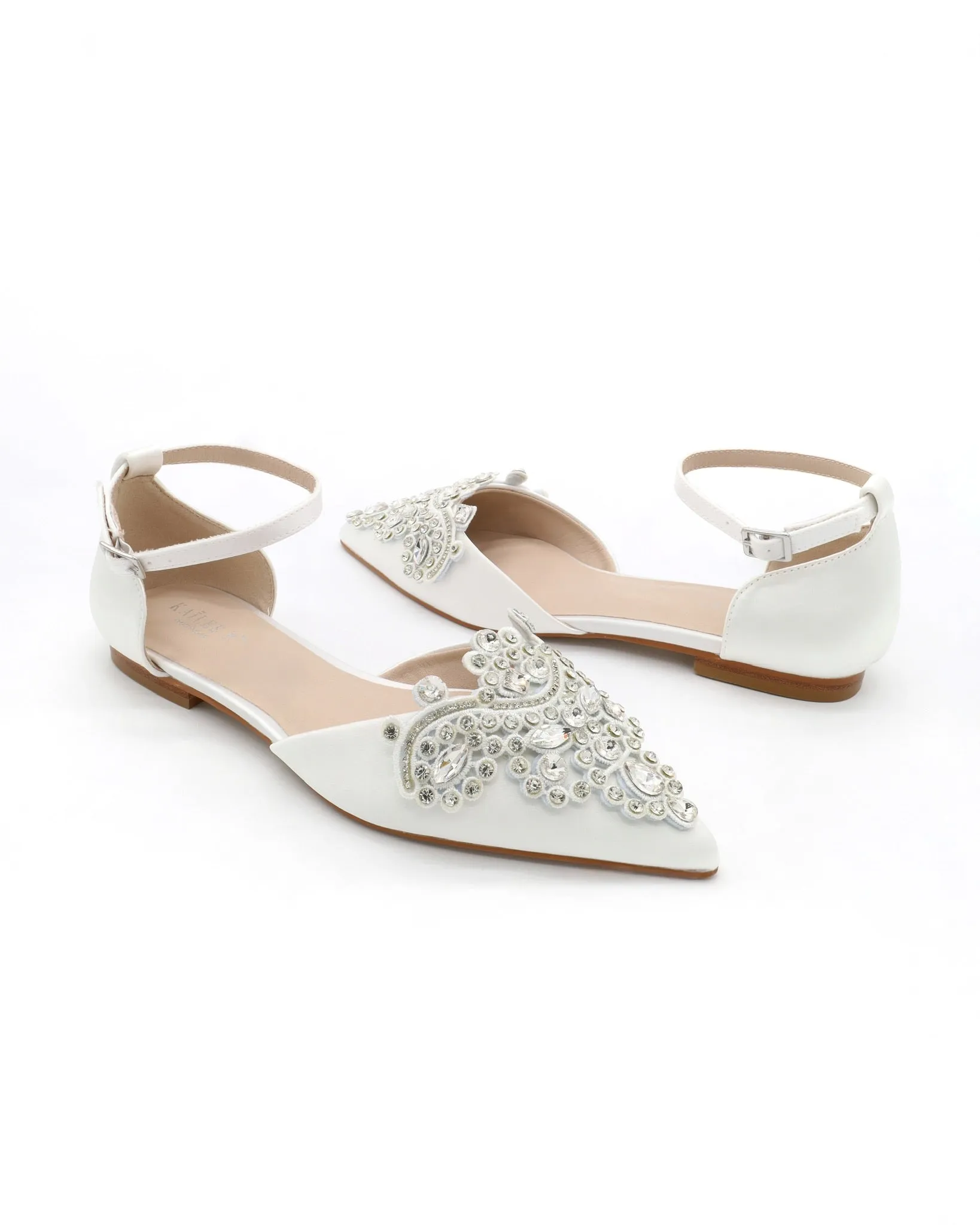 Satin Pointy Toe Flats with Rhinestones Applique Embellishments
