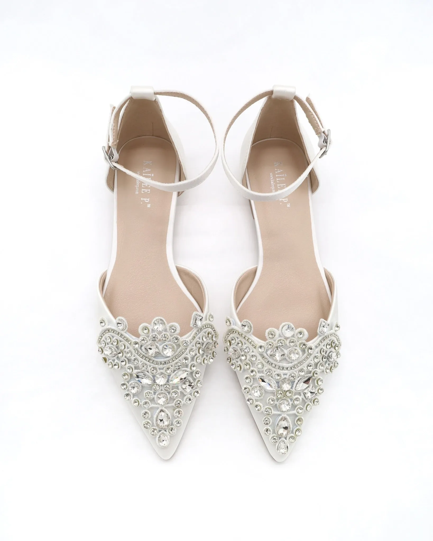 Satin Pointy Toe Flats with Rhinestones Applique Embellishments