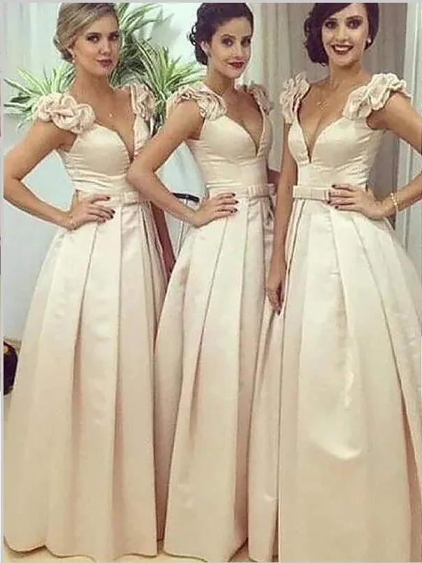 Satin Sleeveless V-neck Straps Bridesmaid Dresses Floor Length