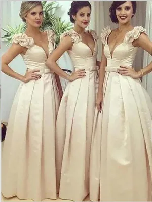 Satin Sleeveless V-neck Straps Bridesmaid Dresses Floor Length