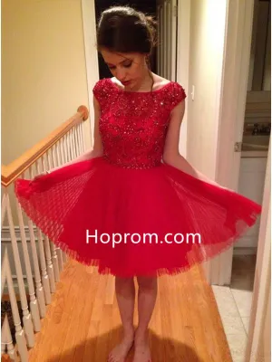 Scoop Neck Homecoming Dresses, Red Tulle Short Homecoming Dress