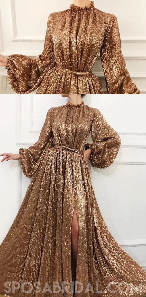 Sequin Sparkly Shinning Long Sleeves A-Line Cheap Modest Fashion Elegant Prom Dresses, Unique Party Dress, PD1178