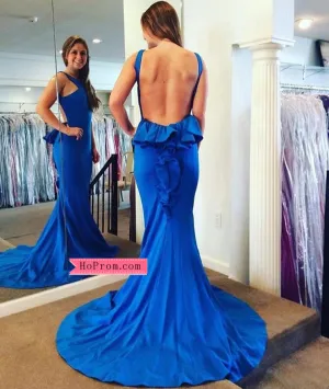 Sexy Open Back Long Jersey Blue Prom Dress with Ruffle