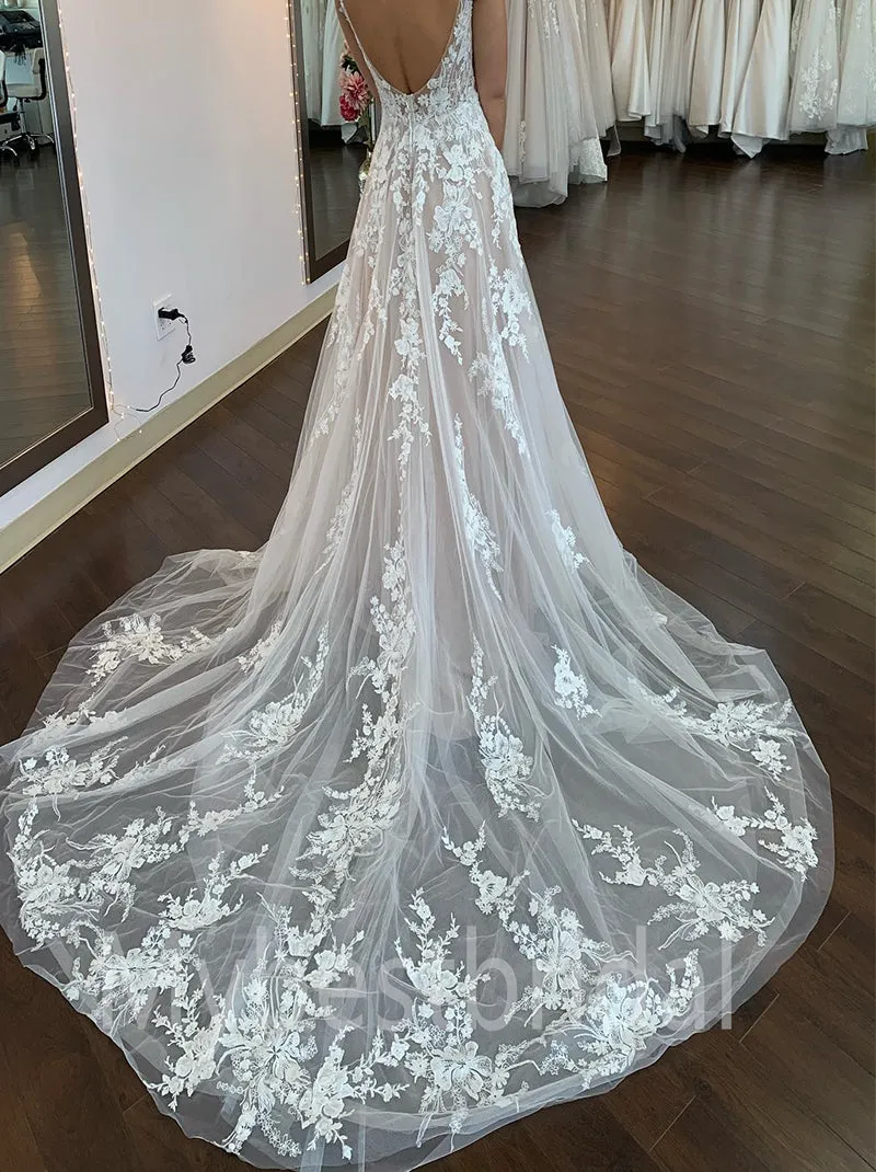 Sexy V-neck Spaghetti straps A-line Lace appique Wedding Dresses, WDY0238