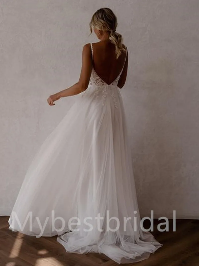 Sexy V-neck Spaghetti straps A-line Side slit Wedding Dresses, WDY0239