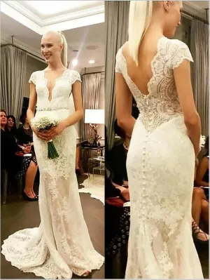 Sheath Lace Short Sleeves V-neck Wedding Dresses Brush Train Ball Gown